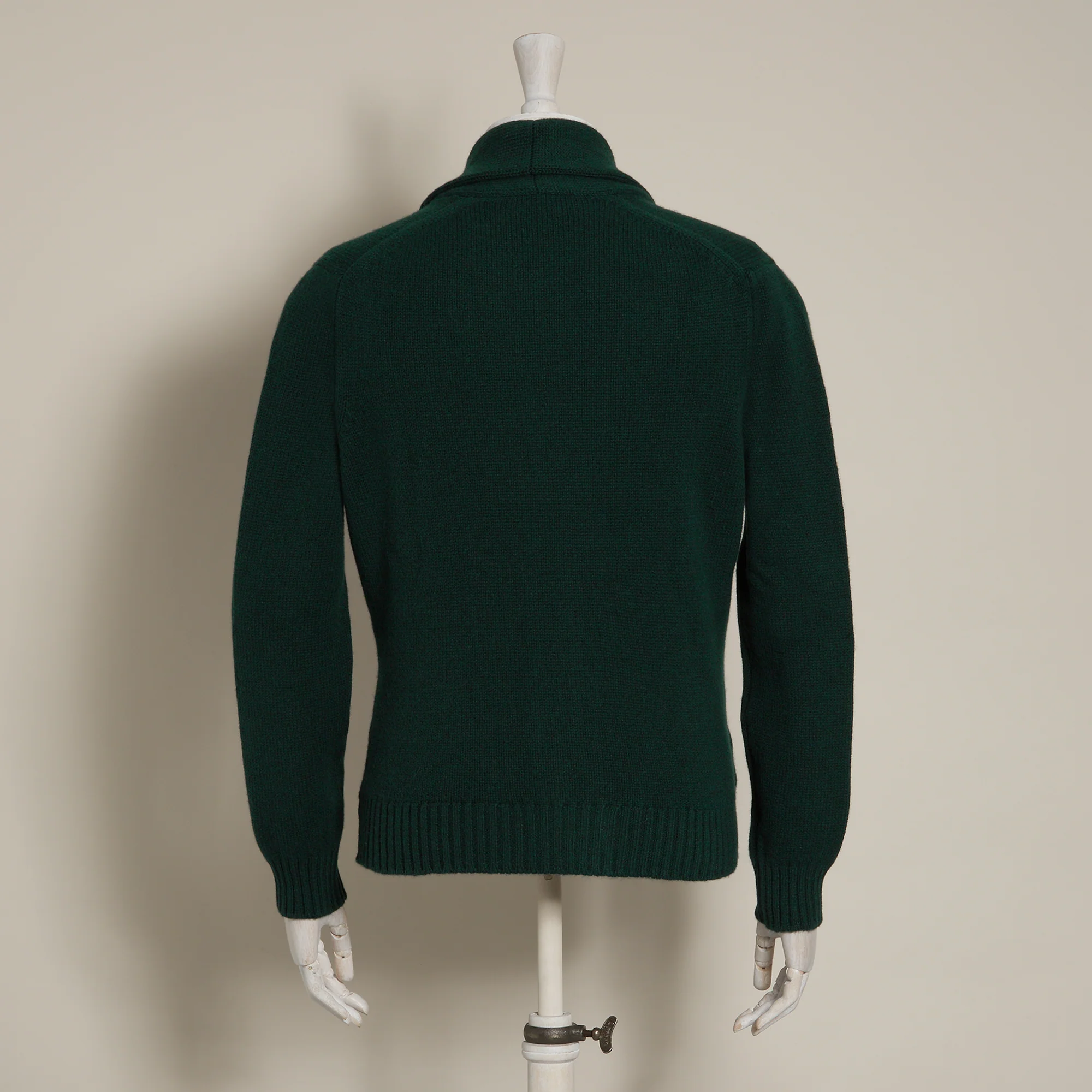 Lambswool Four Button Cardigan With Shawl Collar in Dark Green - Image 3