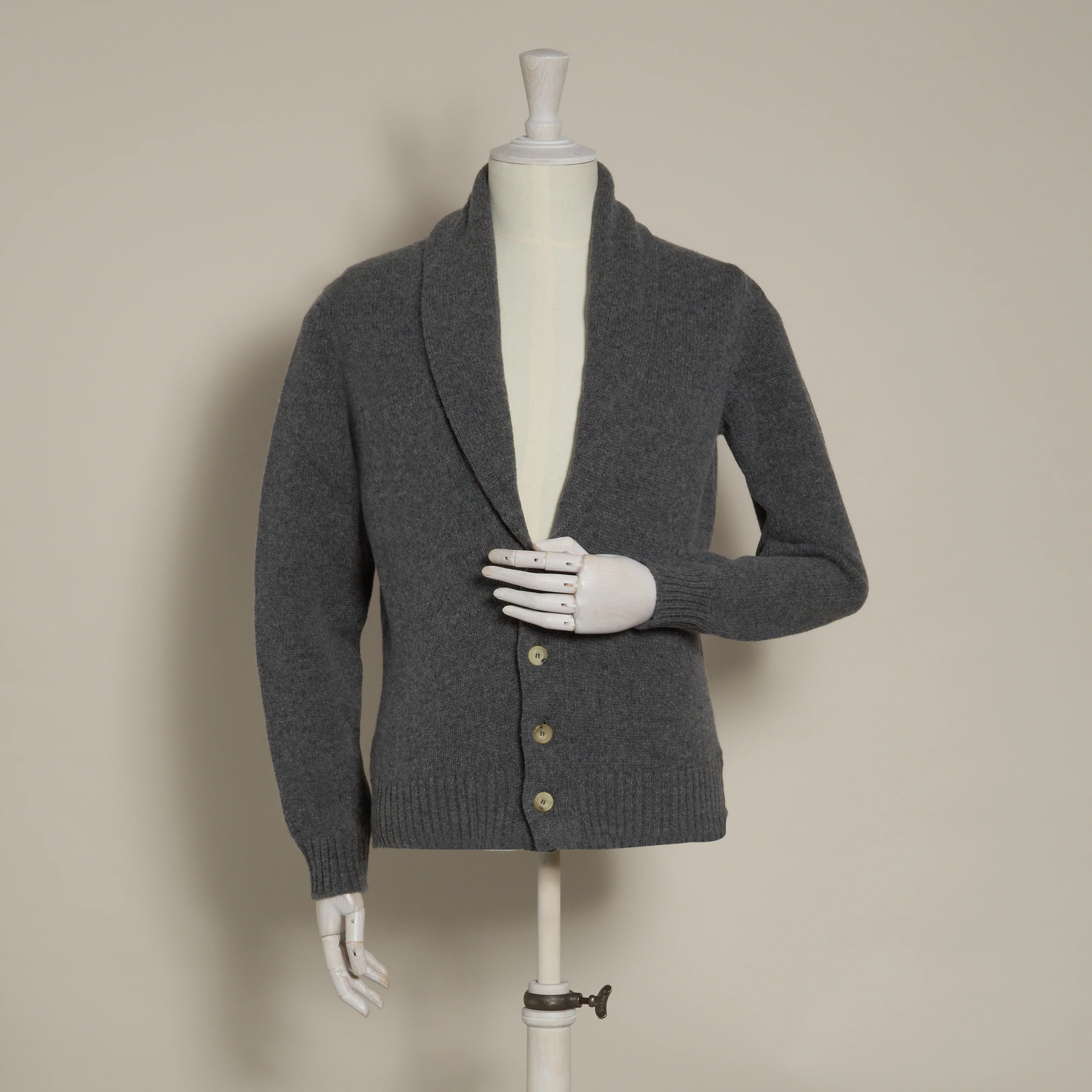 Lambswool Four Button Cardigan With Shawl Collar in Grey