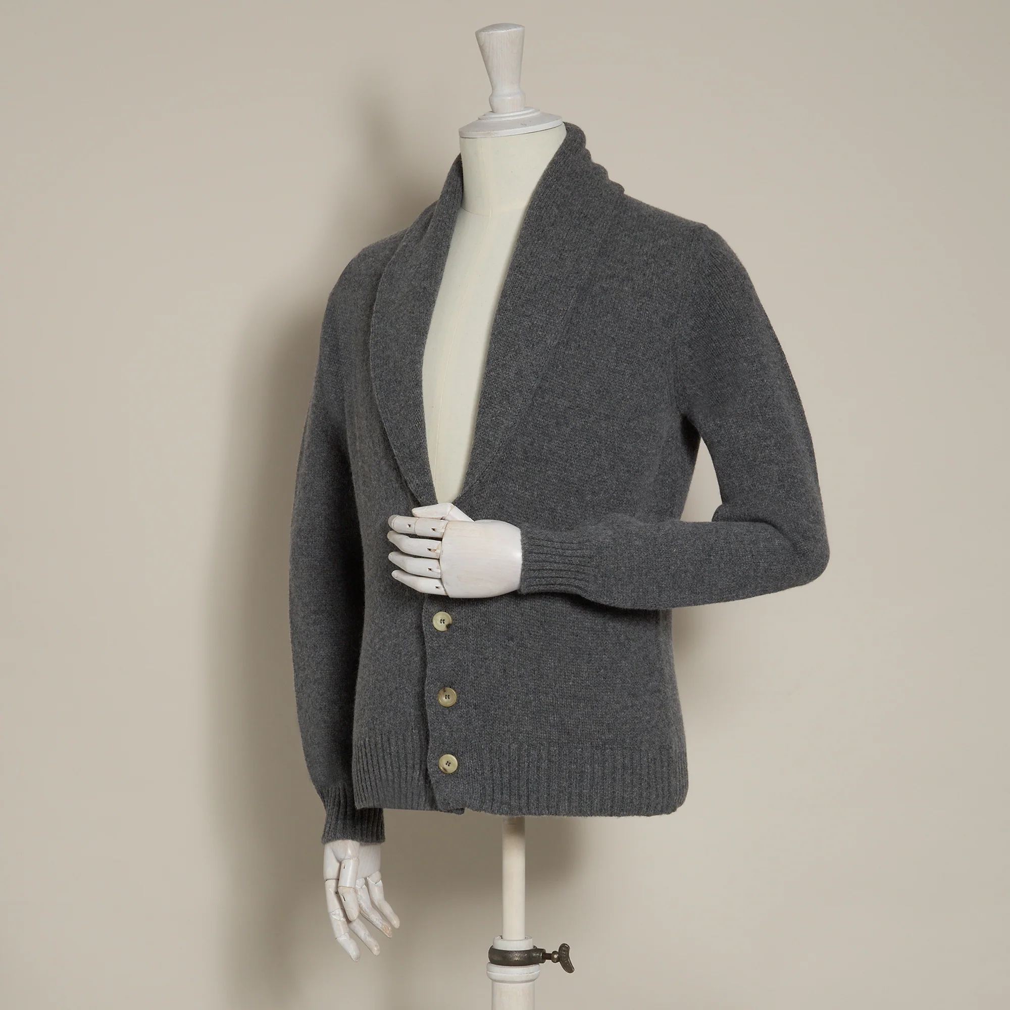 Lambswool Four Button Cardigan With Shawl Collar in Grey - Image 2