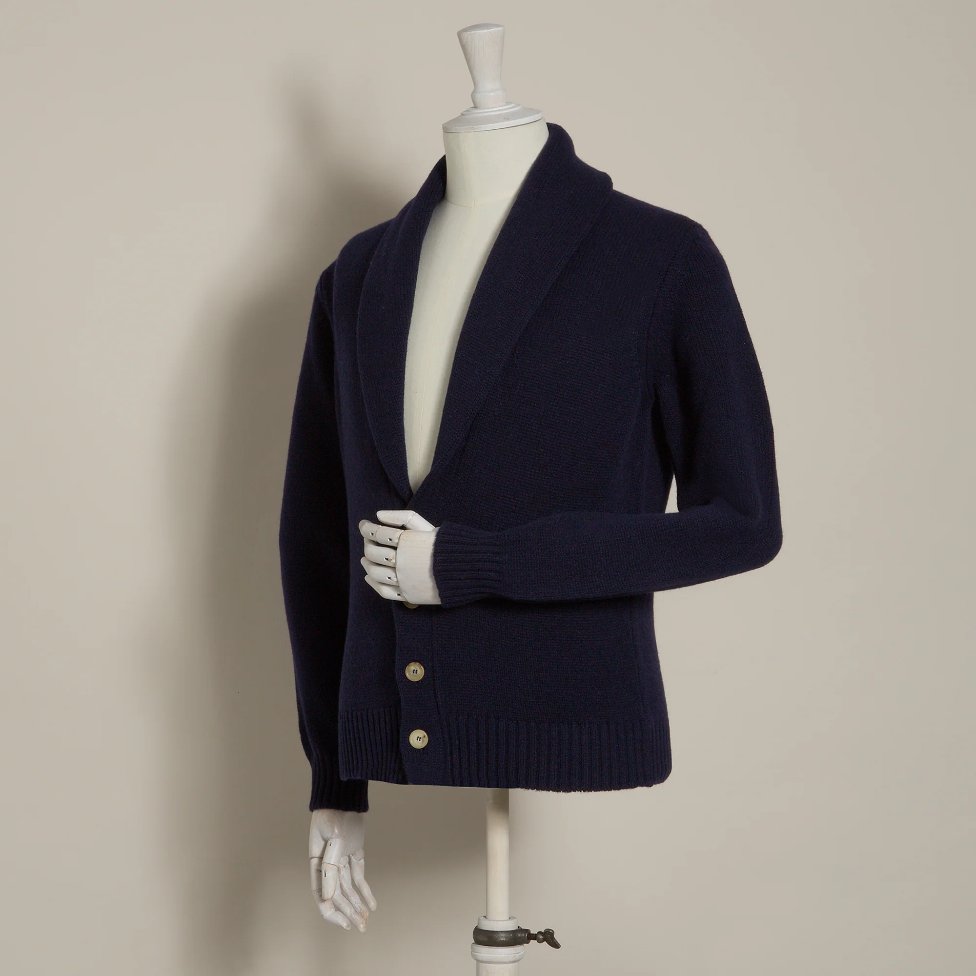 Lambswool Four Button Cardigan With Shawl Collar in Navy - Image 2