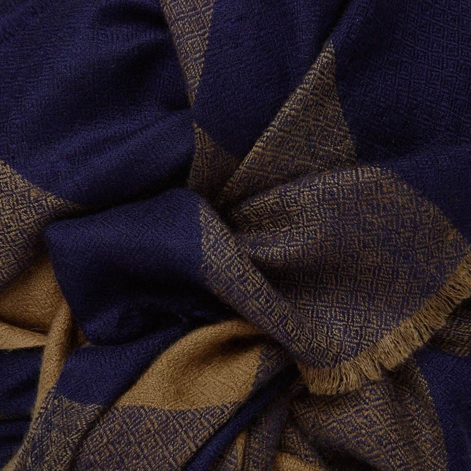 Large Check Cashmere Scarf In Beige And Navy - Image 3