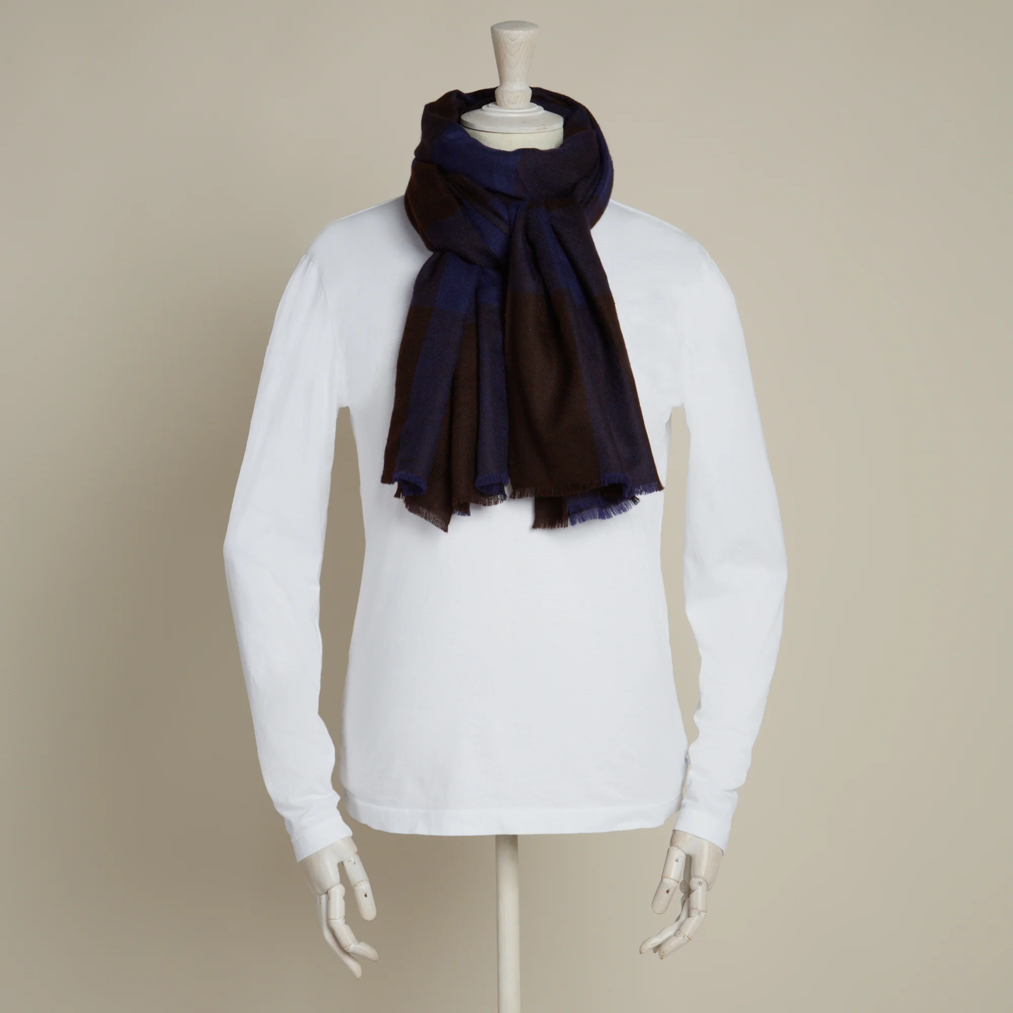 Large Check Cashmere Scarf In Dark Brown And Navy - Image 2