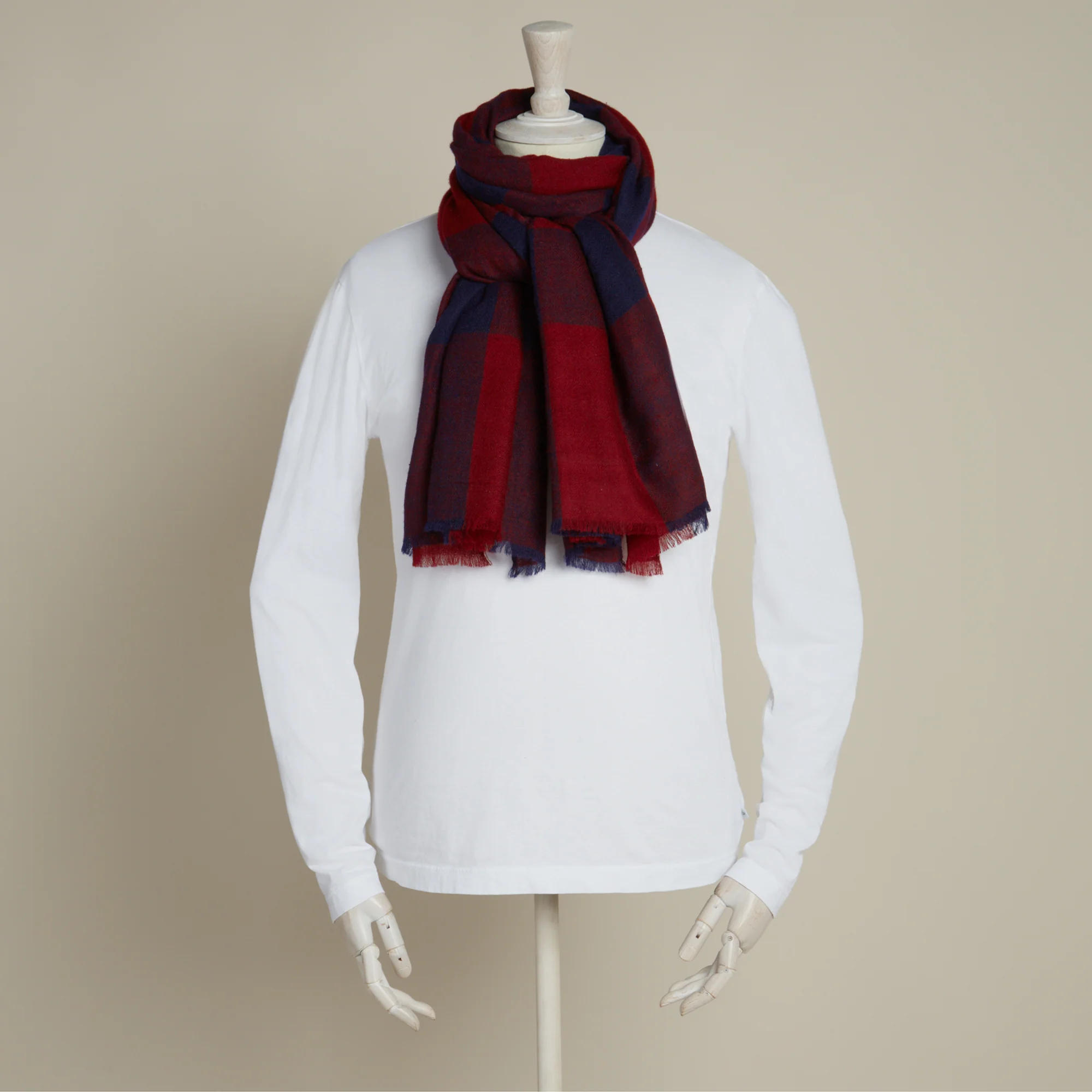 Large Check Cashmere Scarf In Wine And Navy - Image 2