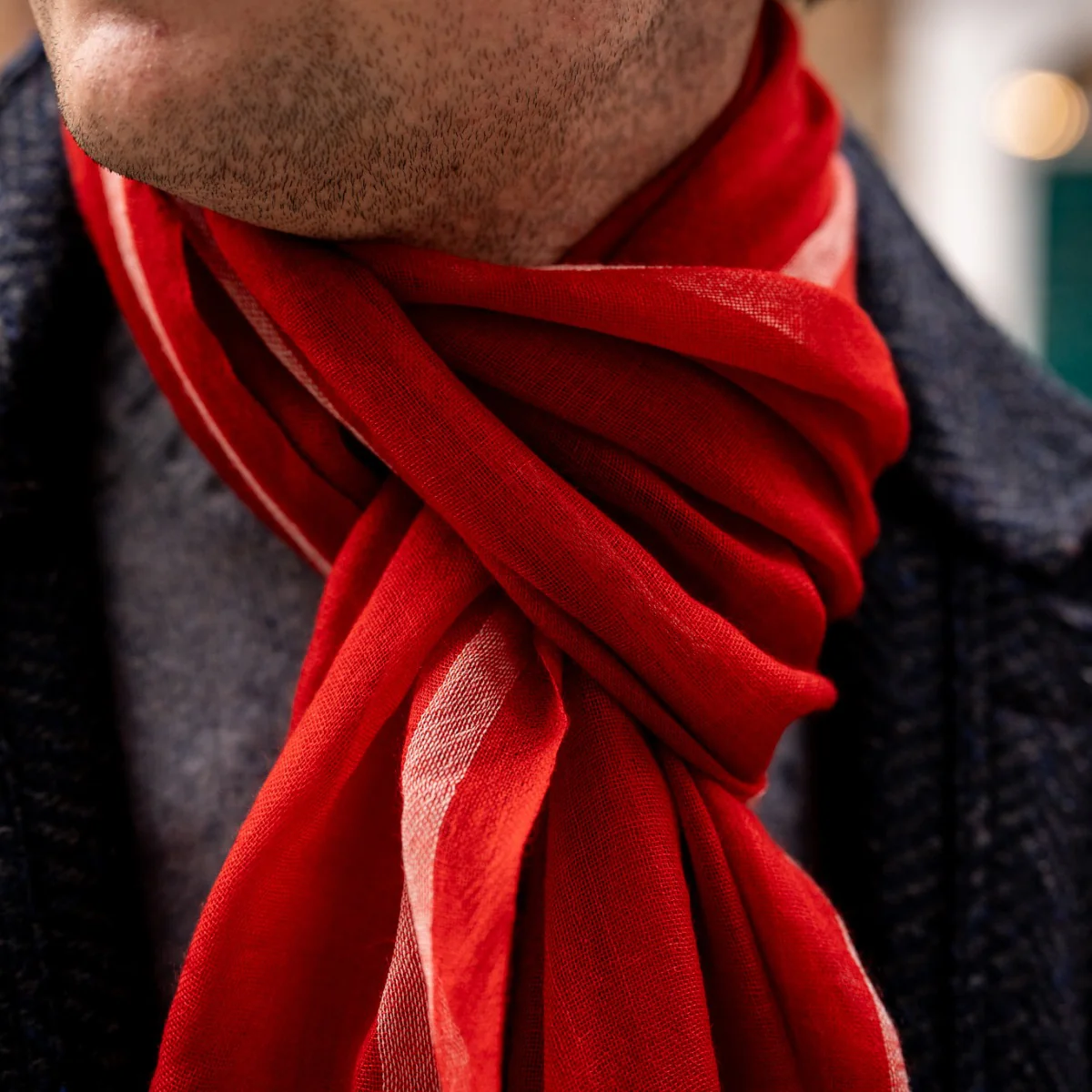 Lightweight Checked Cashmere Scarf In Red - Image 3