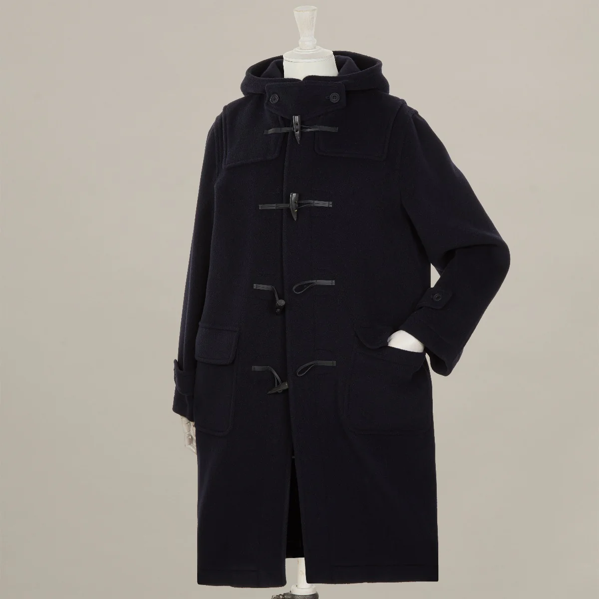 Long Woollen Duffle Coat With Hood In Navy - Image 5