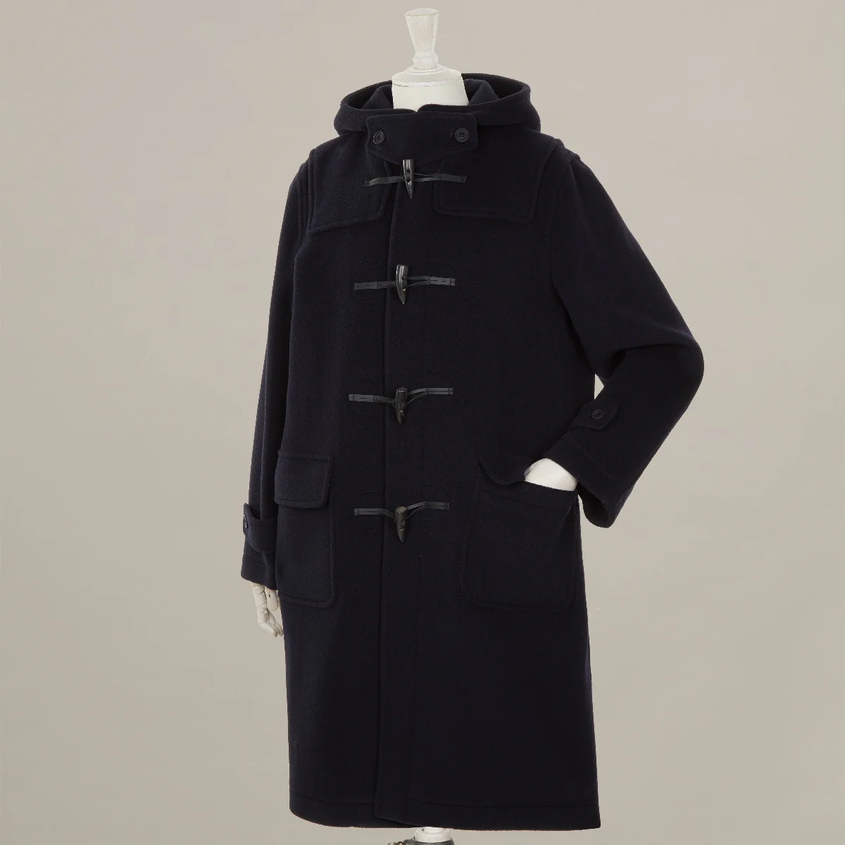 Long Woollen Duffle Coat With Hood In Navy - Image 6
