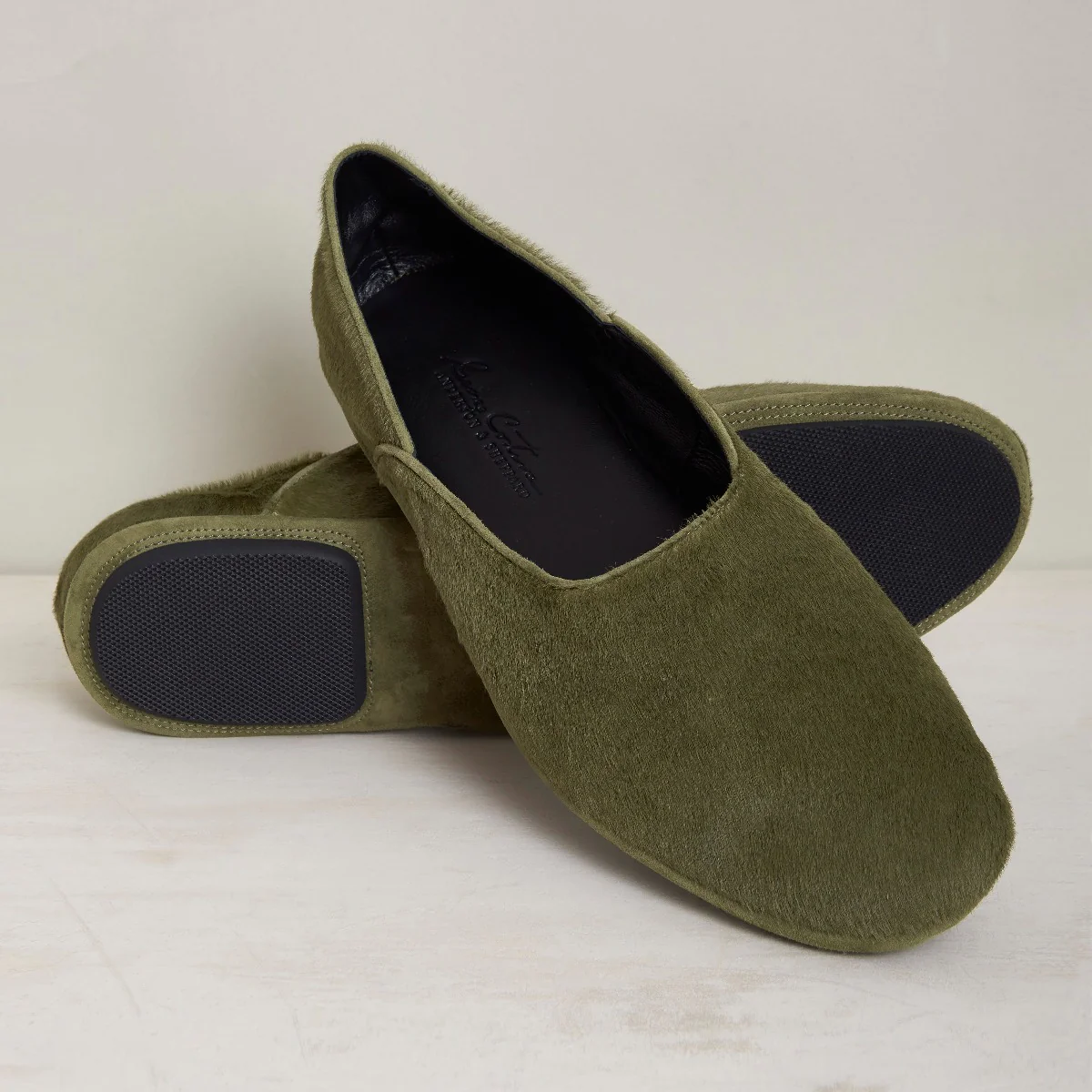 George Cortina For Anderson & Sheppard Plain Pony Hair Slippers In Khaki - Image 3