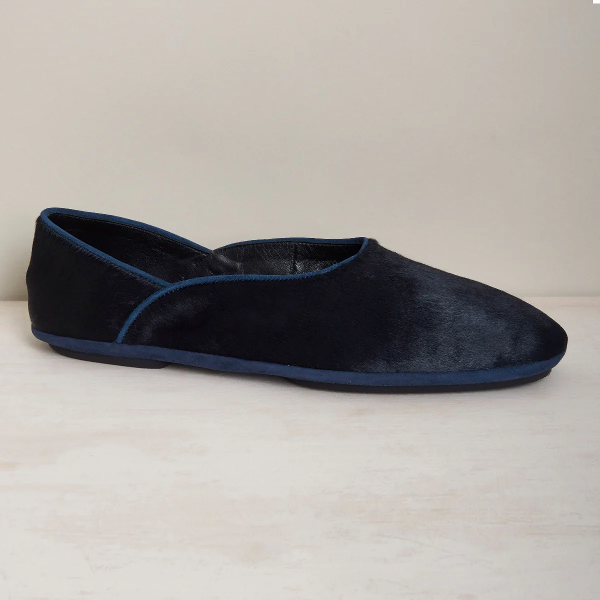 George Cortina For Anderson & Sheppard Plain Pony Hair Slippers In Navy - Image 4