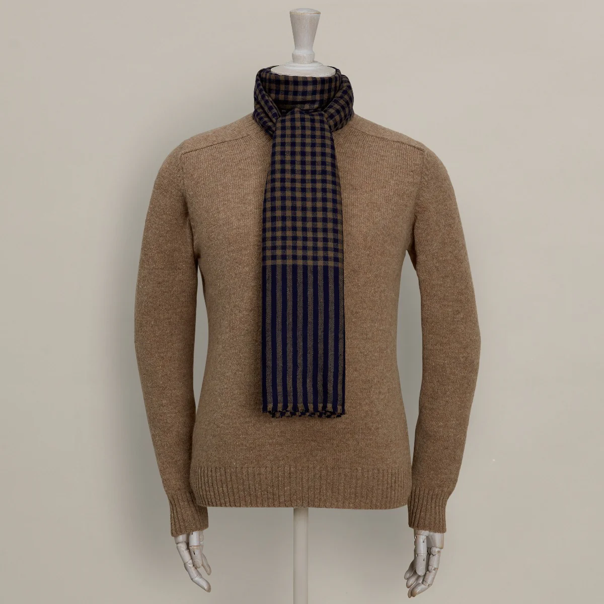 Mini Check Cashmere Scarf In Navy And Taupe - Image 2