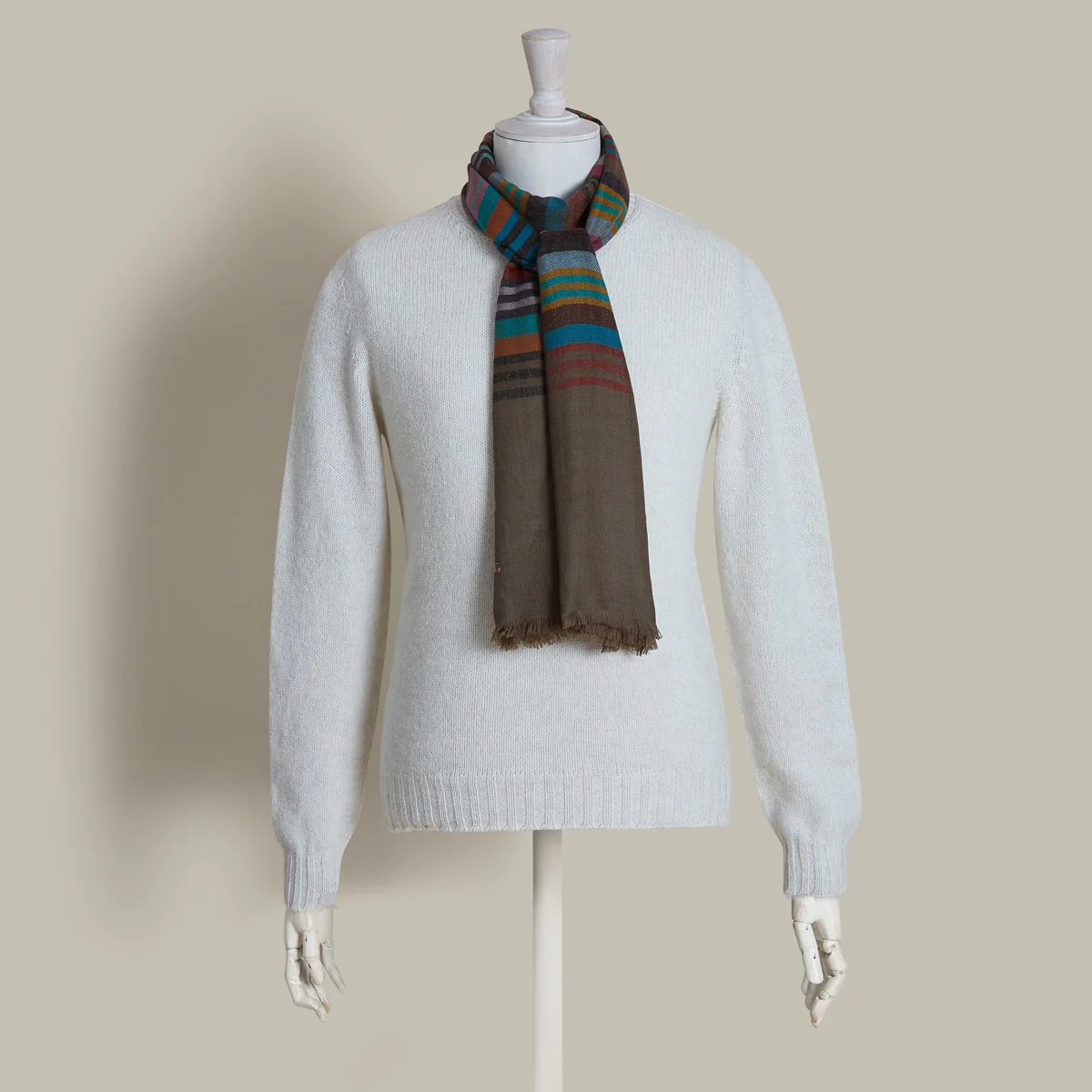 Multi Stripe Cashmere Scarf In Taupe And Red - Image 2