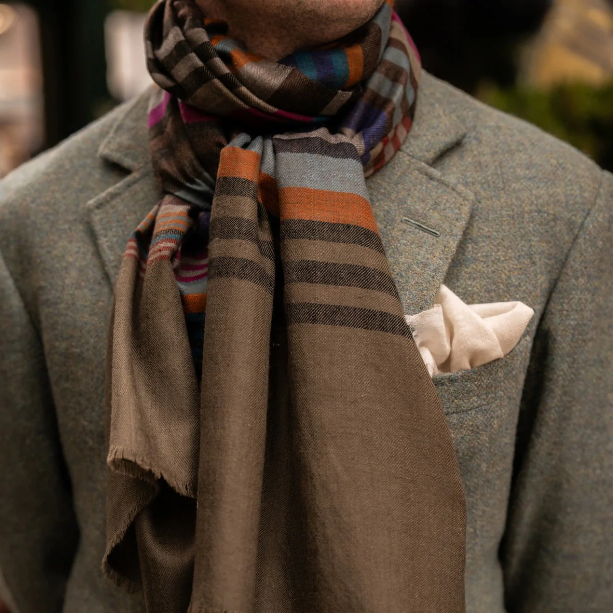 Multi Stripe Cashmere Scarf In Taupe And Red - Image 3
