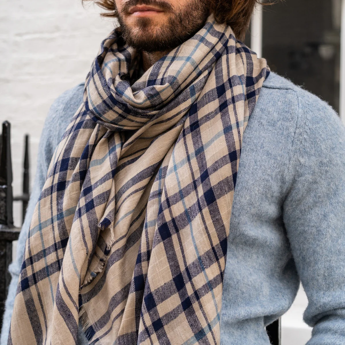 Cashmere Overcheck Scarf In Blue And Natural - Image 3