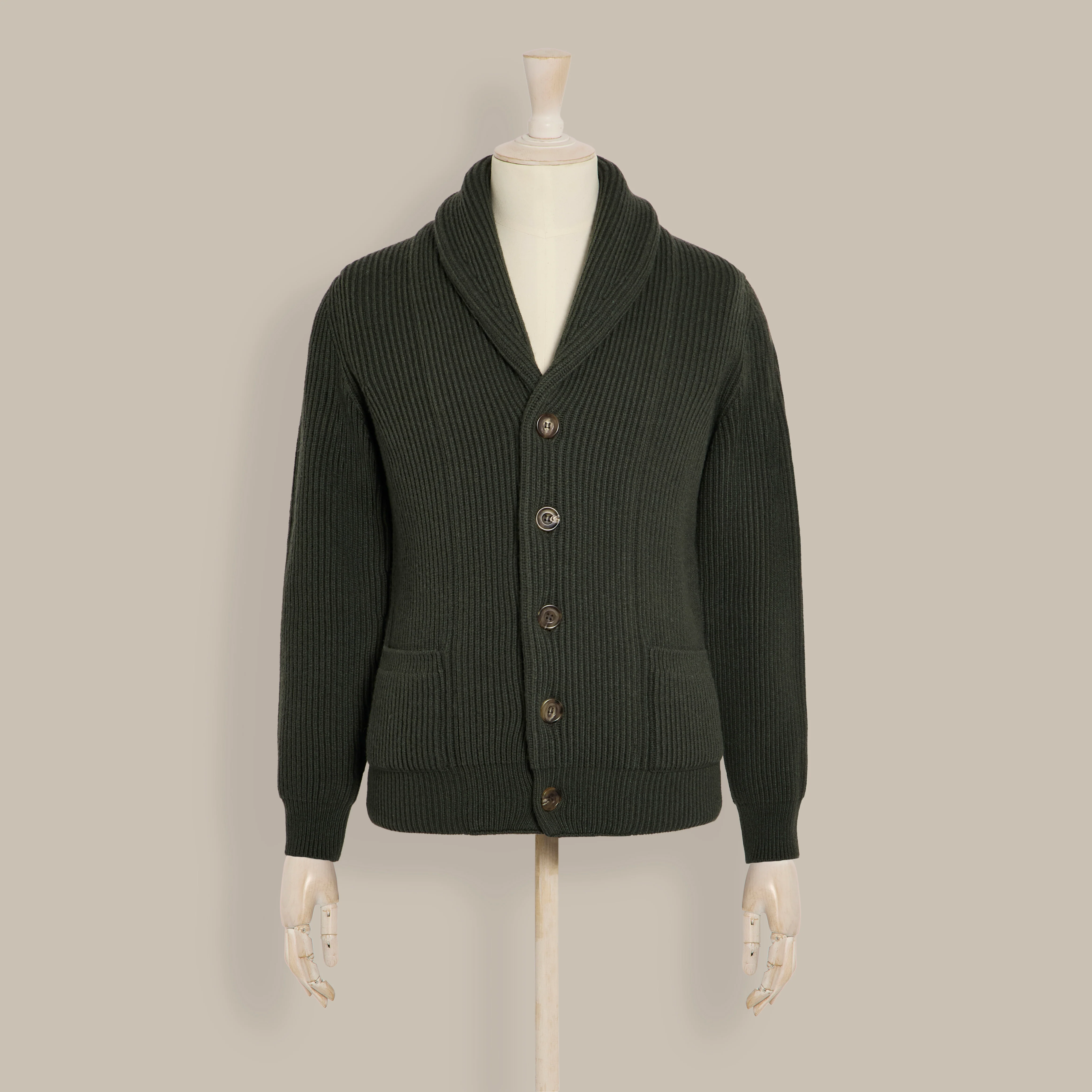 Ribbed Shawl Collar Cashmere Blend Cardigan In Khaki