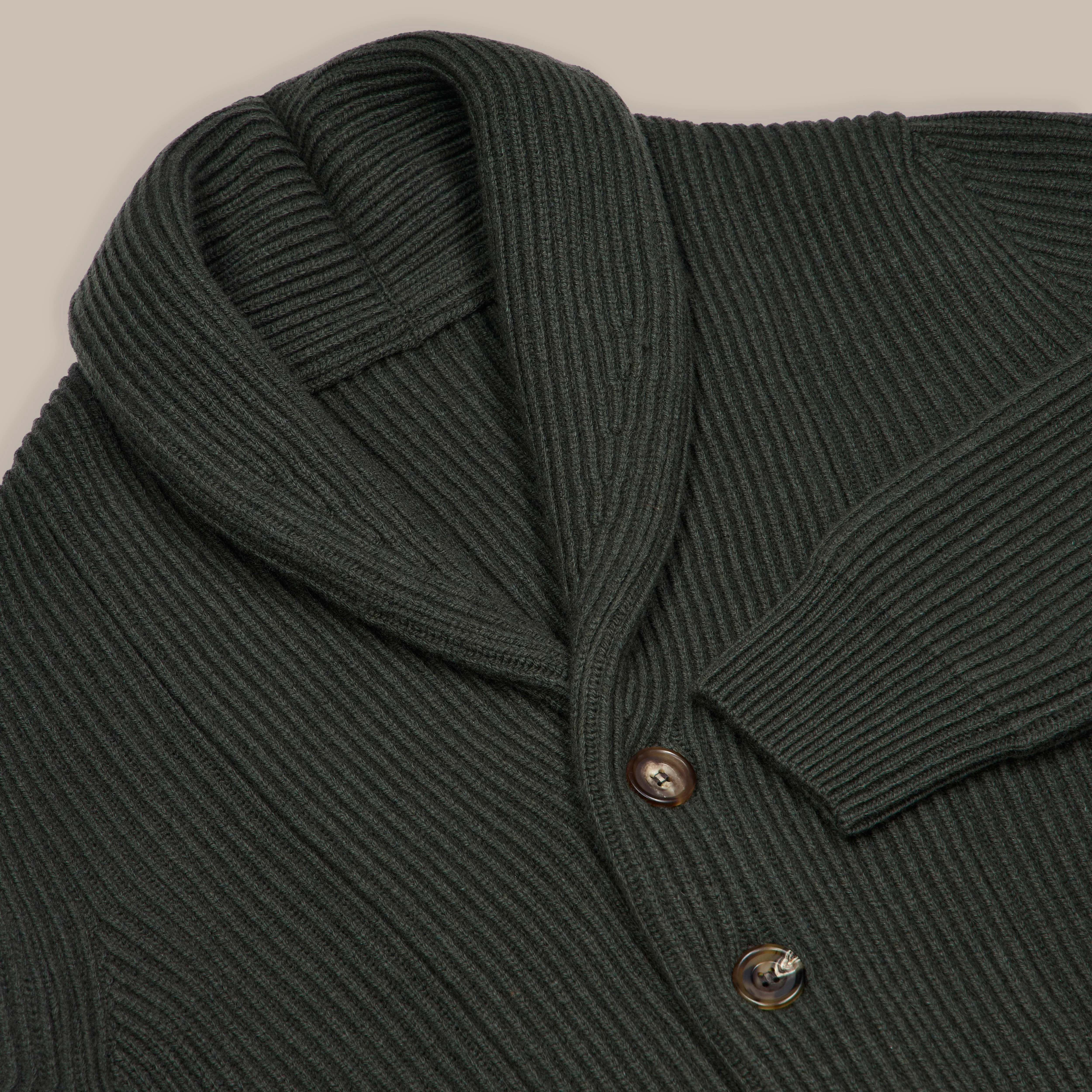 Ribbed Shawl Collar Cashmere Blend Cardigan In Khaki - Image 3