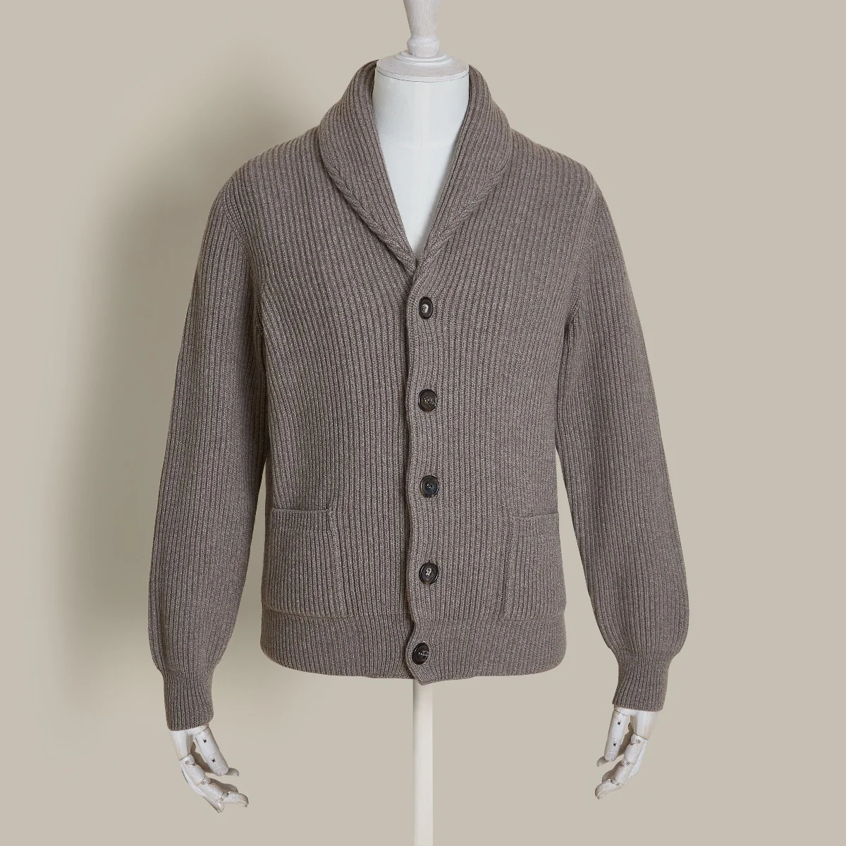 Ribbed Shawl Collar Cashmere Blend Cardigan In Dark Natural
