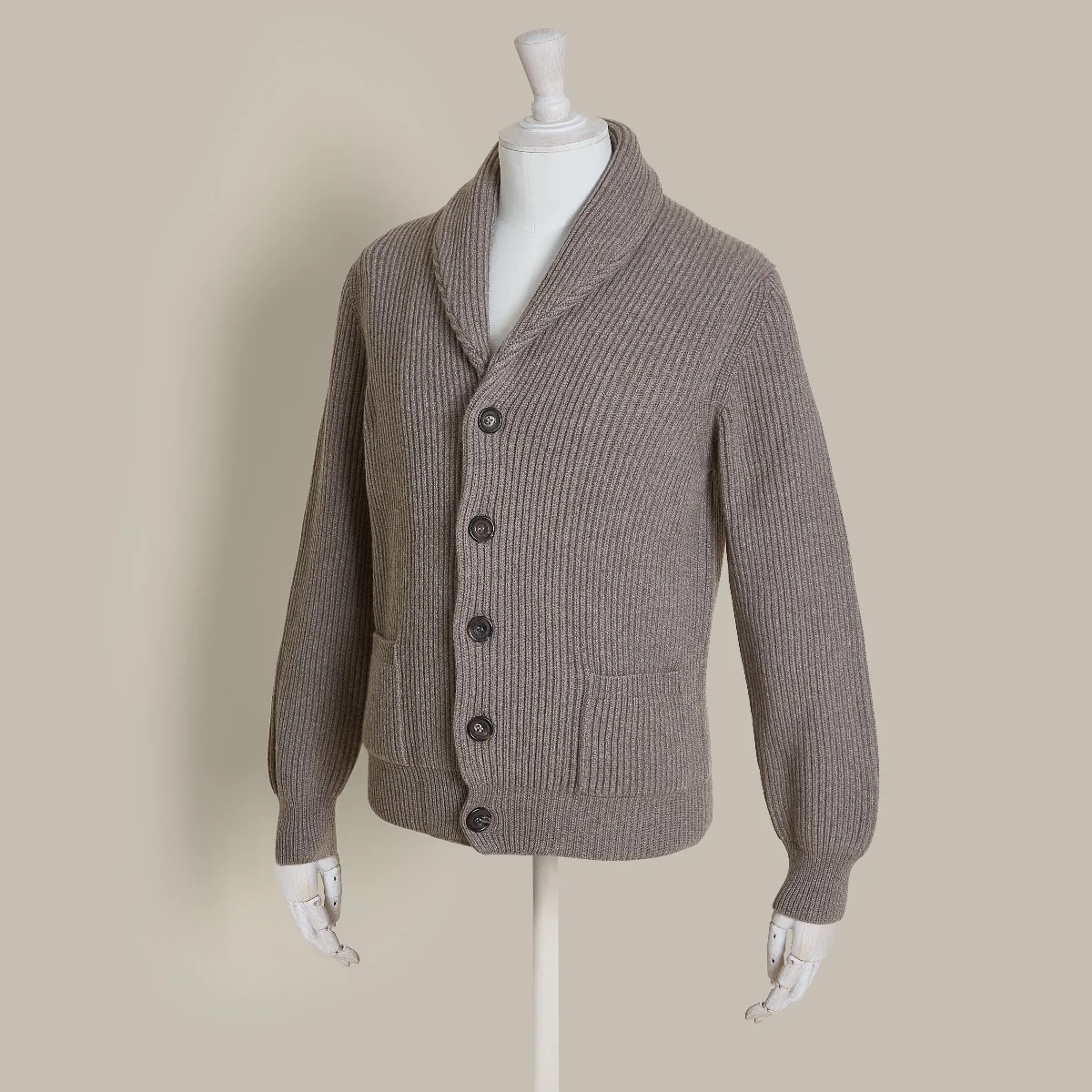 Ribbed Shawl Collar Cashmere Blend Cardigan In Dark Natural - Image 3