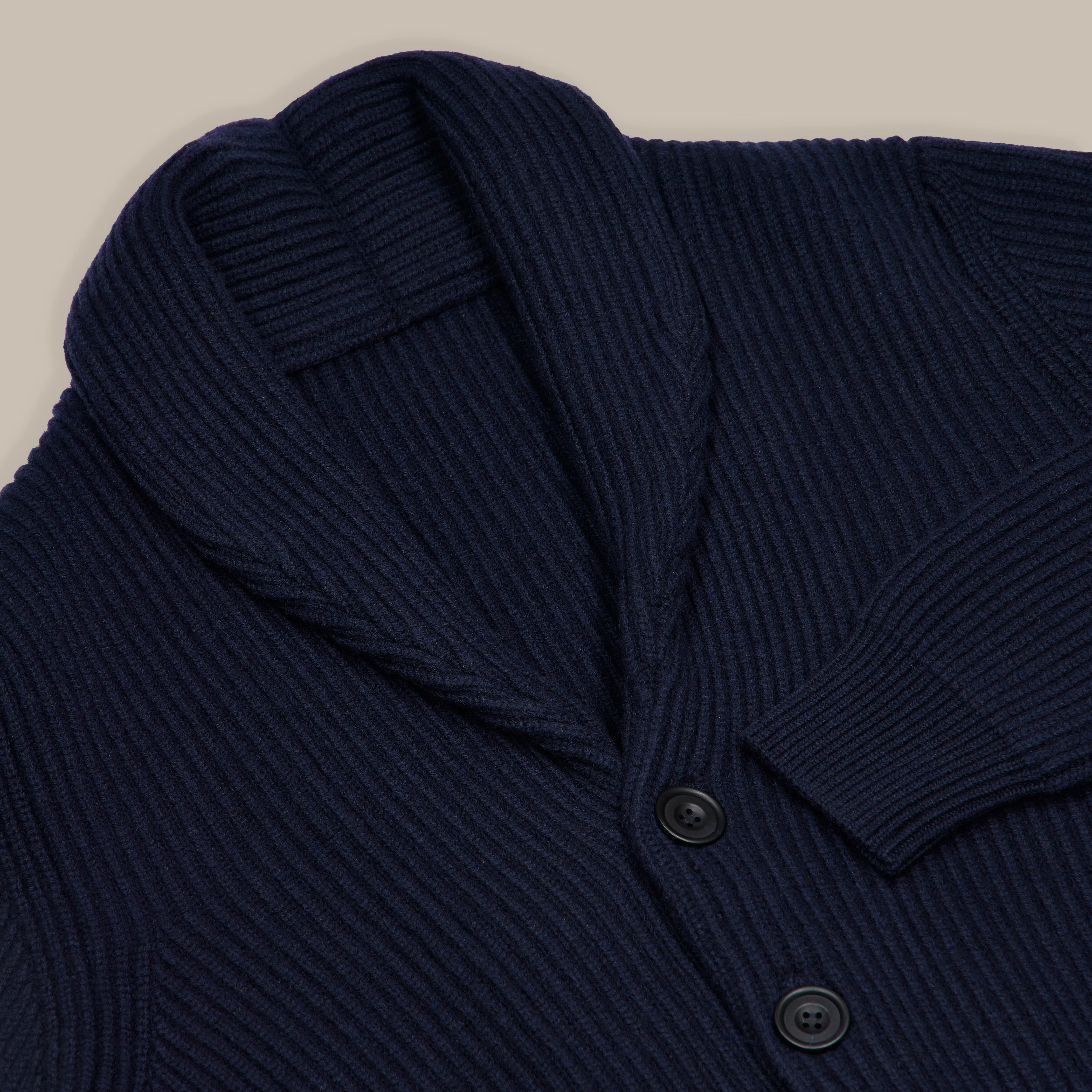 Ribbed Shawl Collar Cashmere Blend Cardigan In Navy - Image 3