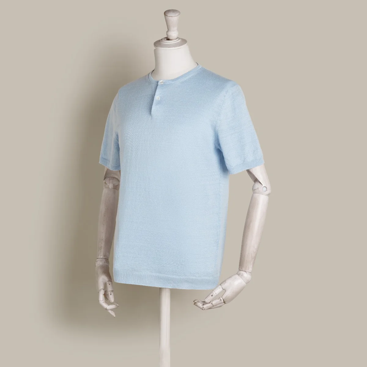 Short Sleeve Knitted Linen Henley Shirt In Light Sky - Image 2