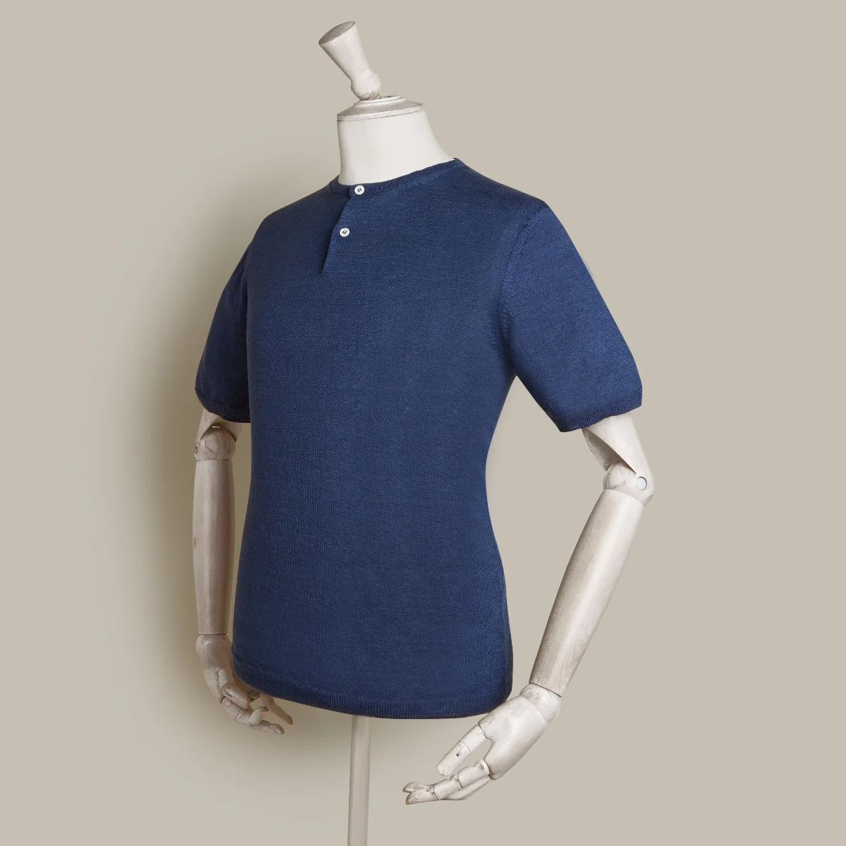 Short Sleeve Knitted Linen Henley Shirt In Navy - Image 3