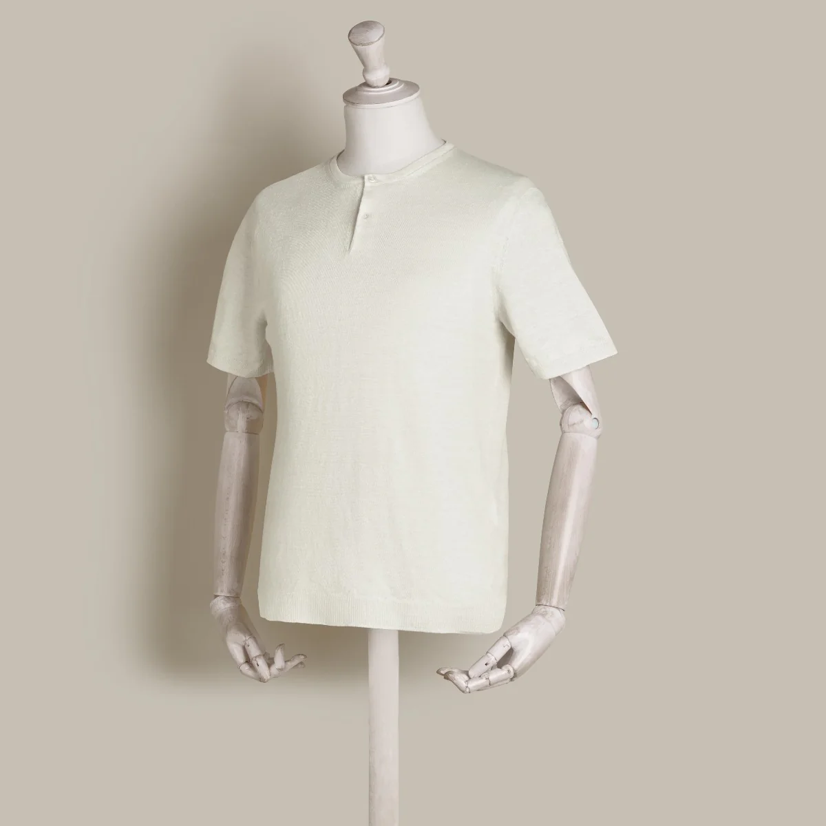 Short Sleeve Knitted Linen Henley Shirt In Off White - Image 2