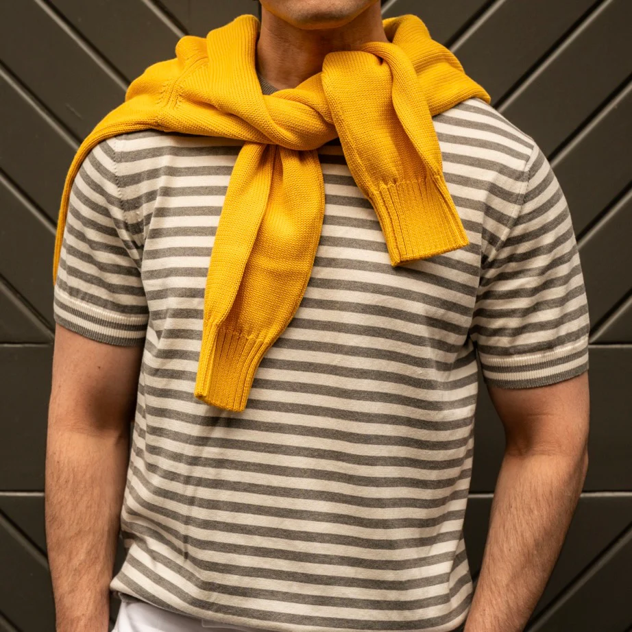 Short Sleeve Knitted Striped T-Shirt In Grey - Image 2
