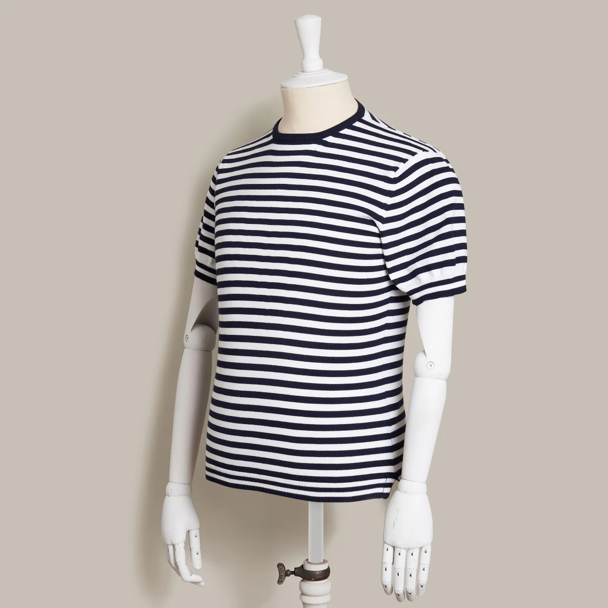 Short Sleeve Knitted Striped T-Shirt In Navy - Image 2