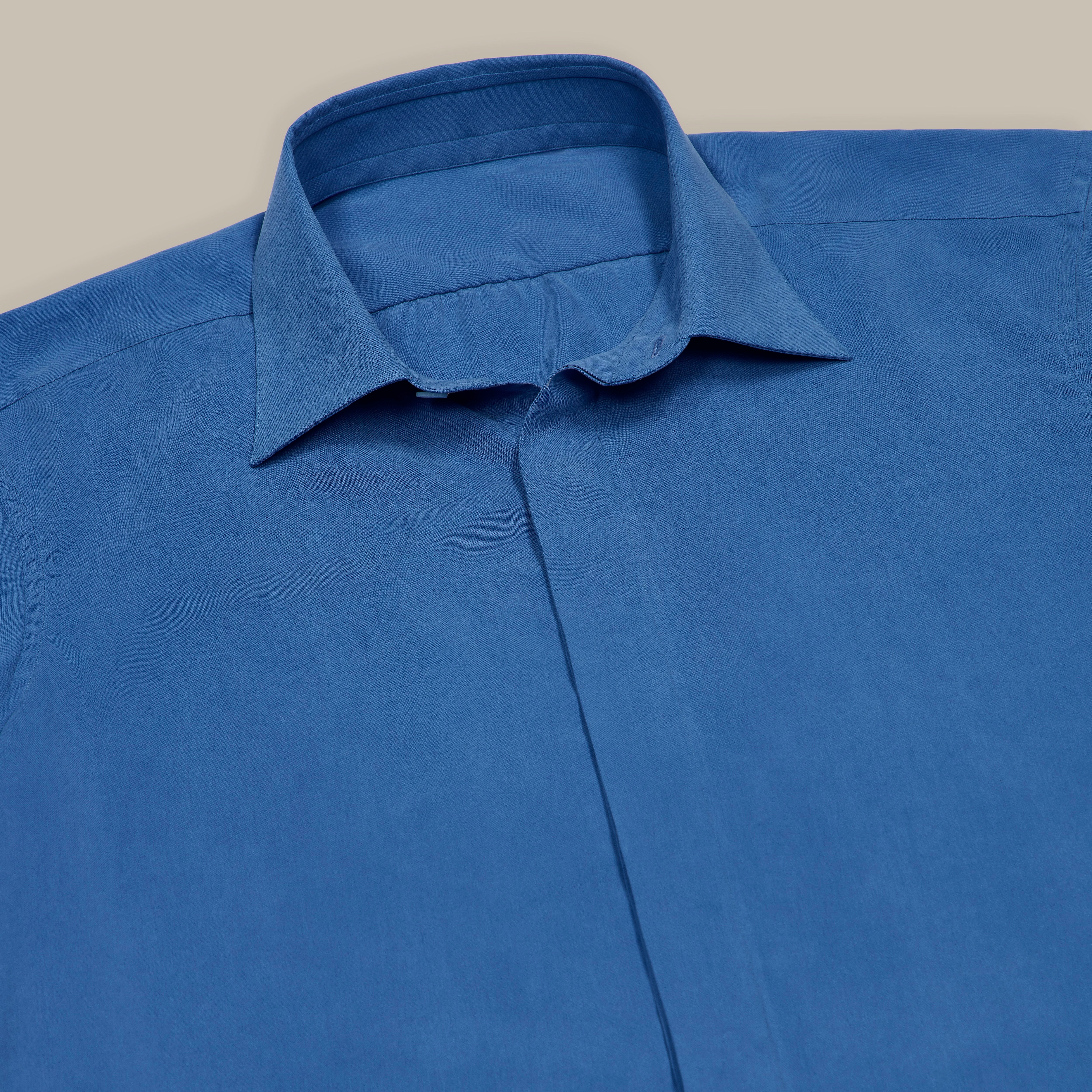 Silk Collared Shirt With Fly Front in Blue - Image 3