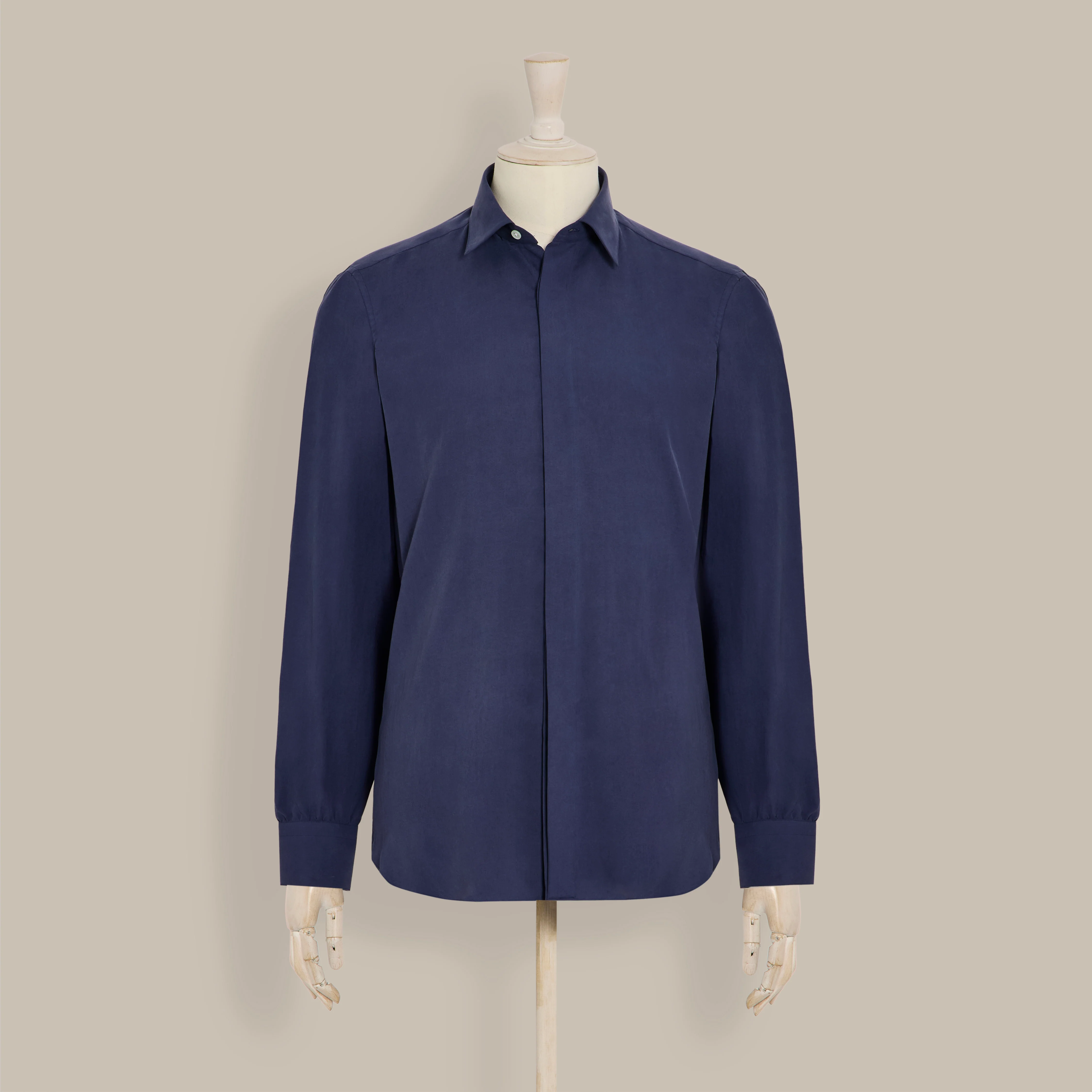 Silk Collared Shirt With Fly Front in Navy