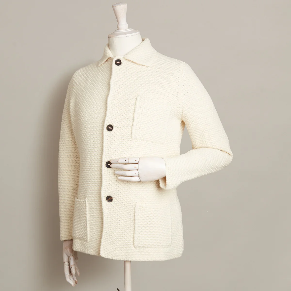 Single Breasted Cashmere and Merino Knitted Jacket In Cream - Image 2