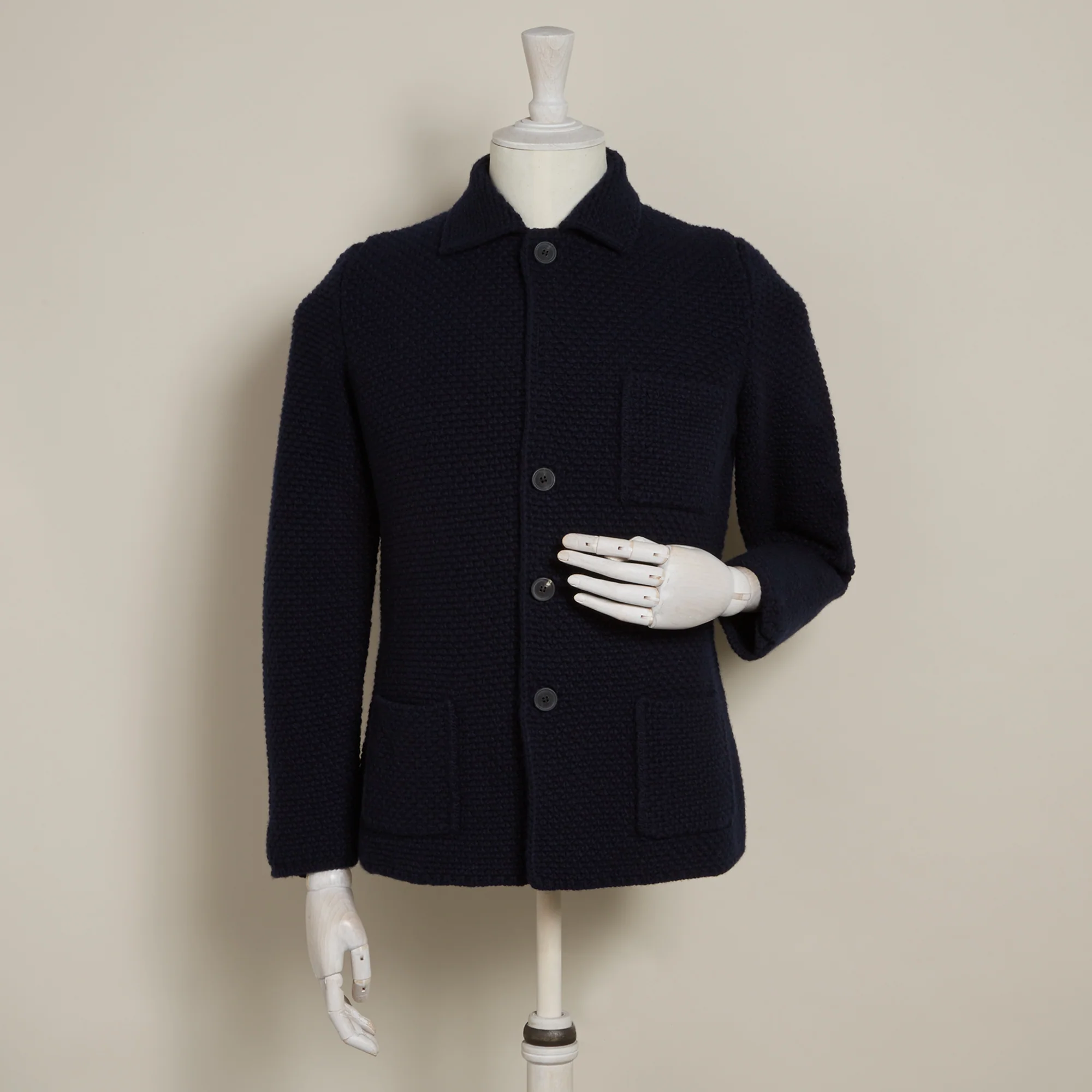 Single Breasted Cashmere And Merino Knitted Jacket In Navy