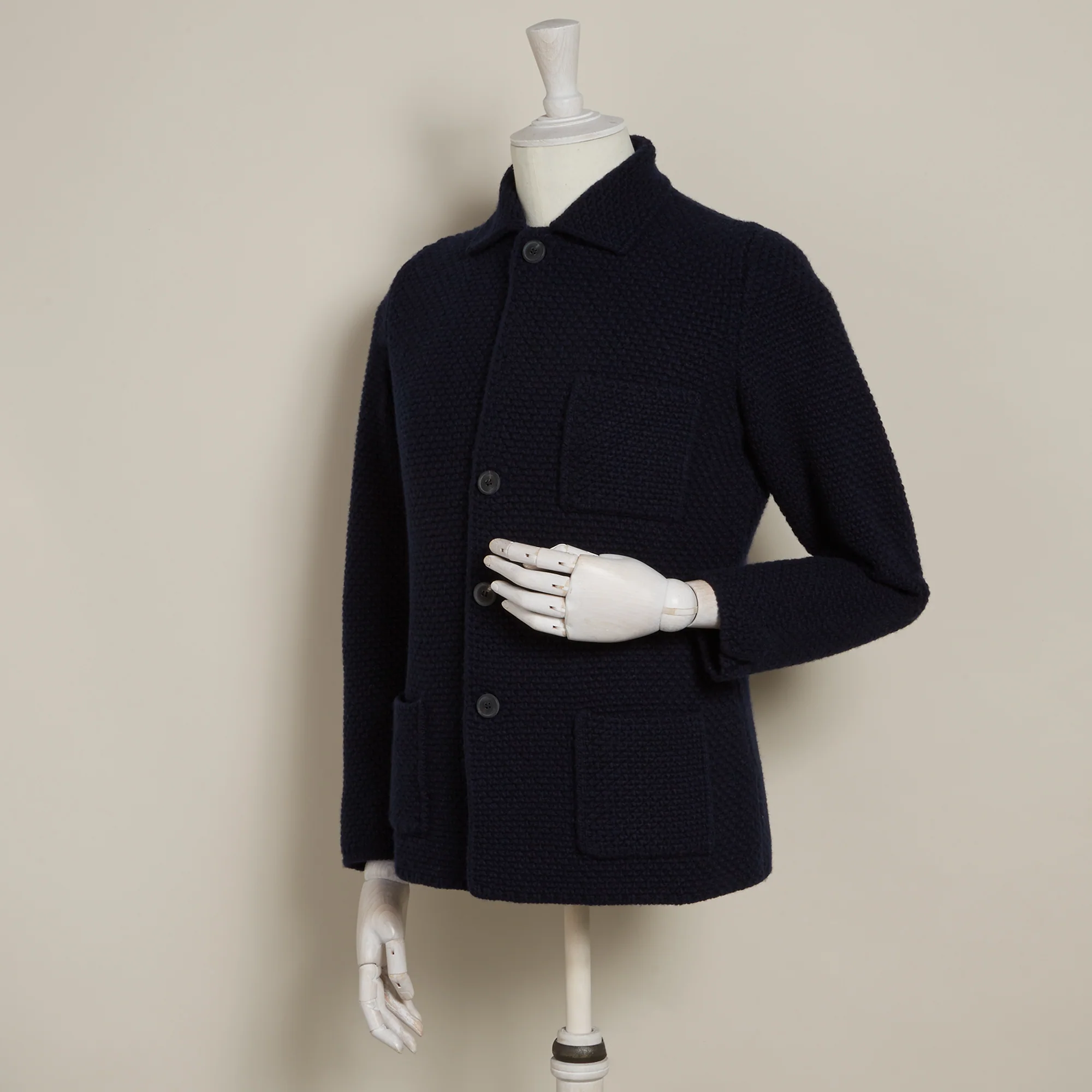 Single Breasted Cashmere And Merino Knitted Jacket In Navy - Image 2