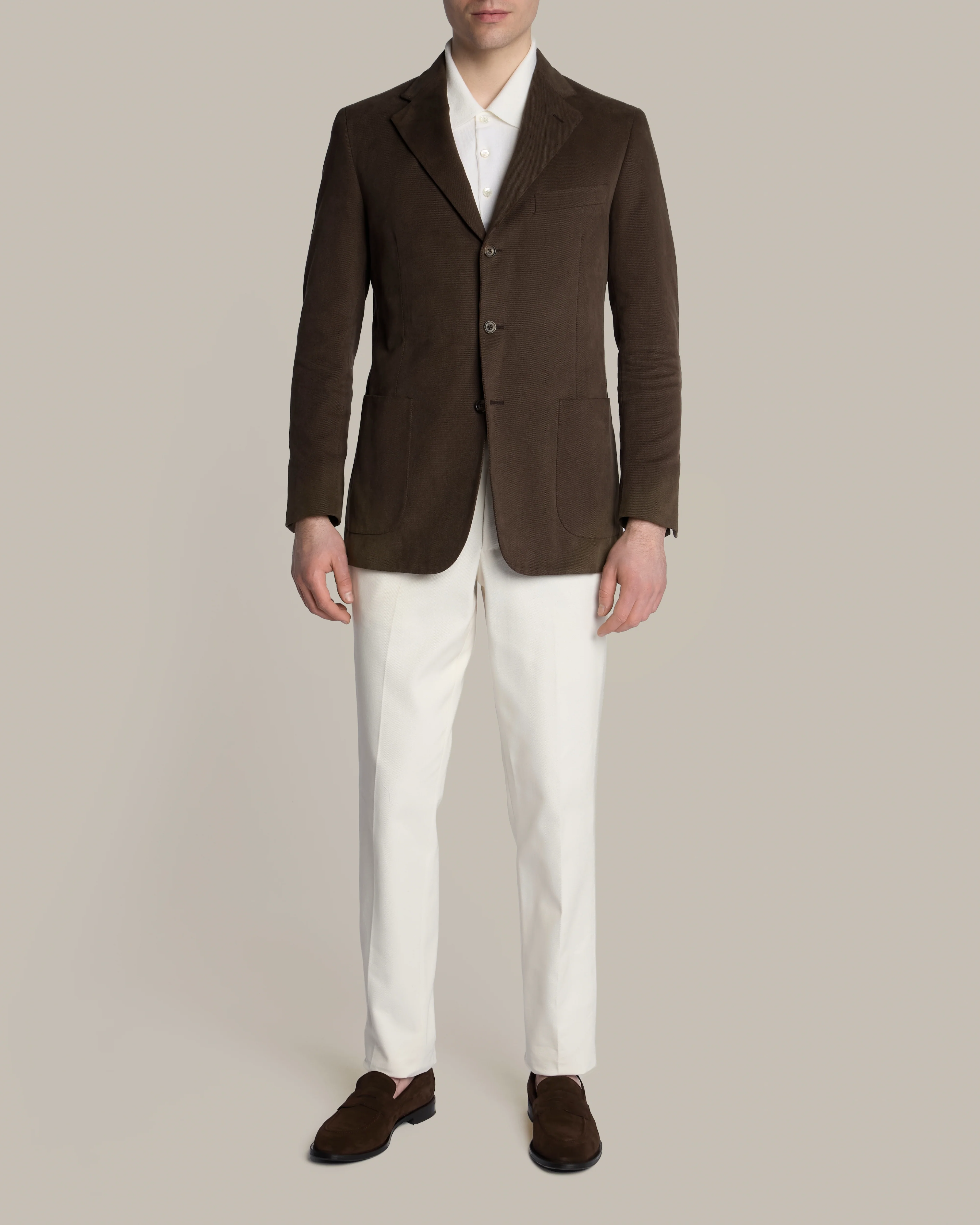 Single Breasted Cotton Drill Unstructured Jacket in Chocolate - Image 3