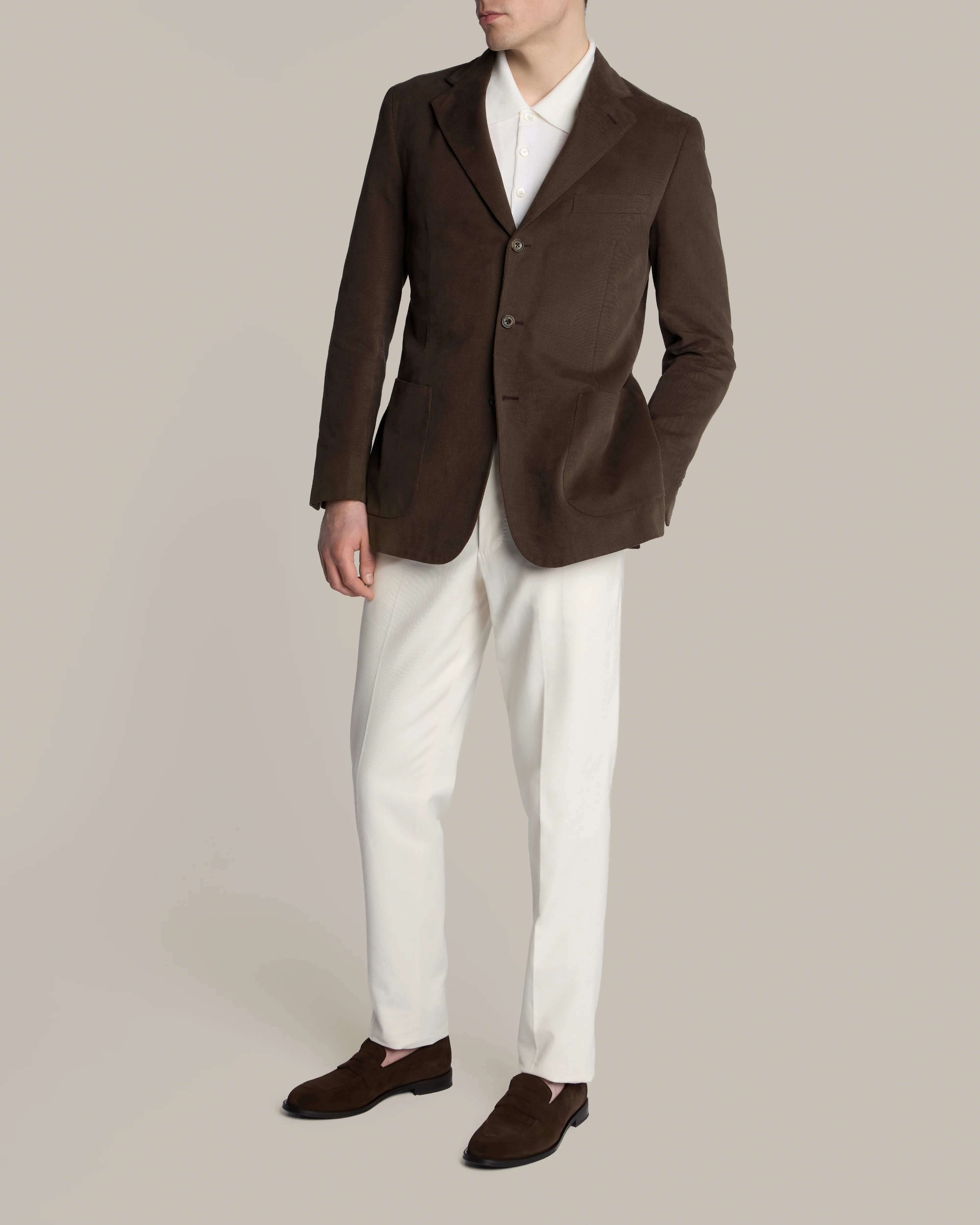 Single Breasted Cotton Drill Unstructured Jacket in Chocolate - Image 4
