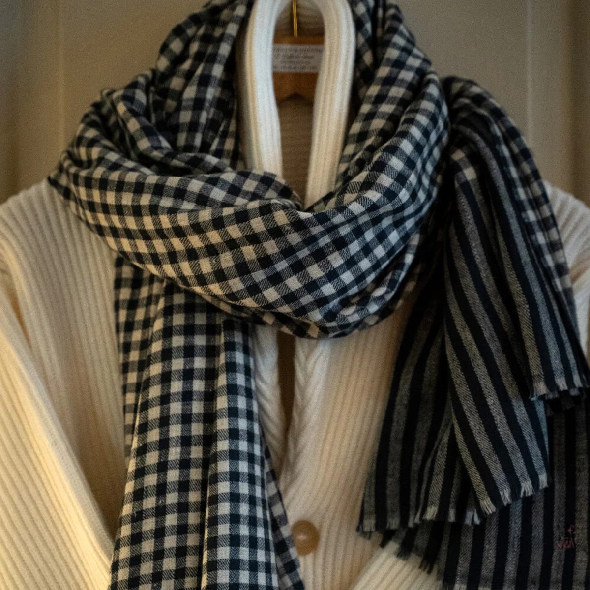 Small Check Cashmere Scarf In Charcoal And Ivory - Image 3