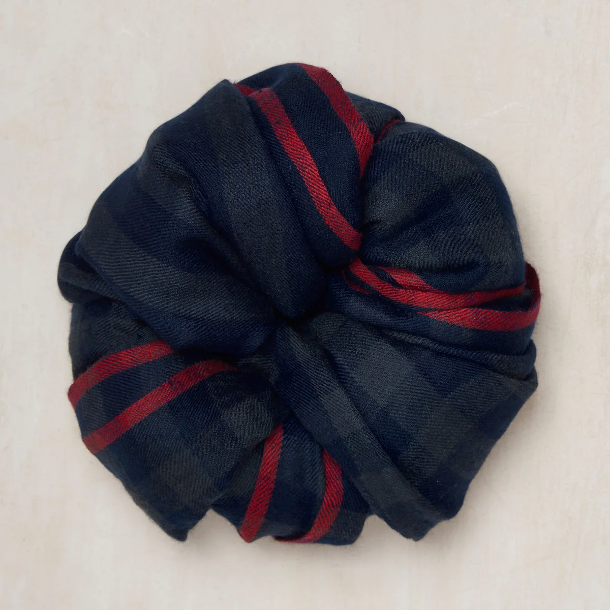 Small Check Cashmere Scarf In Navy And Grey with Red Trim