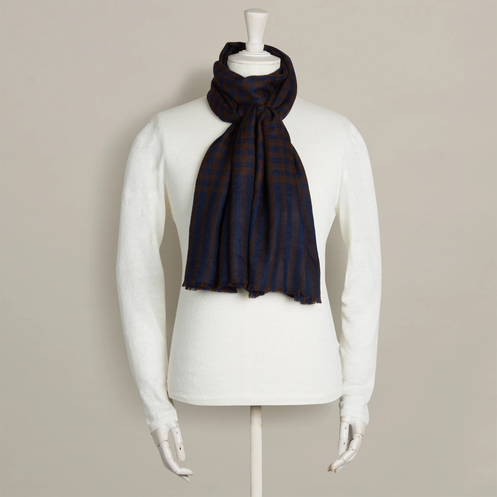 Small Check Cashmere Scarf In Navy And Brown - Image 2