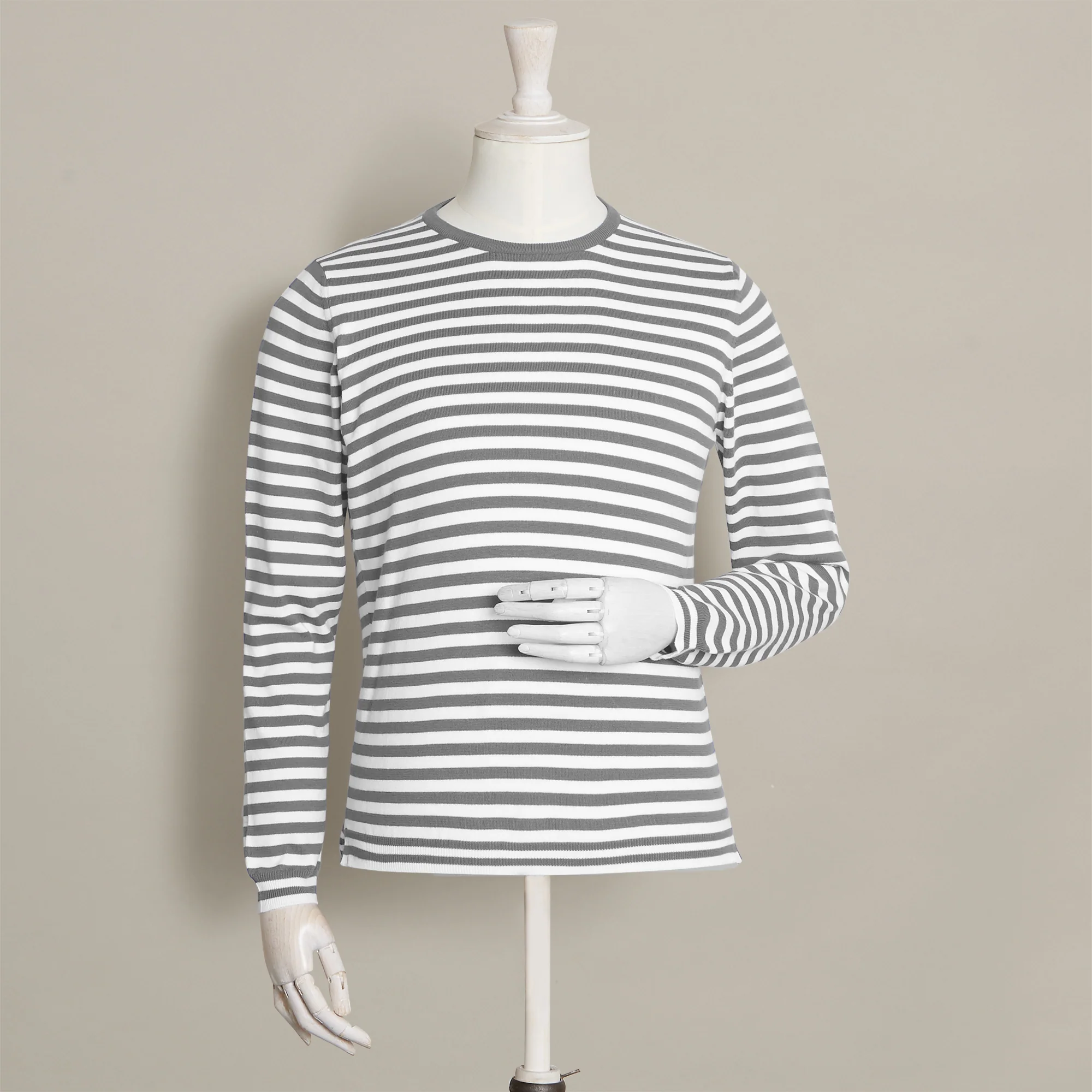 Soft Cotton Stripe Knitted Sweater In Grey