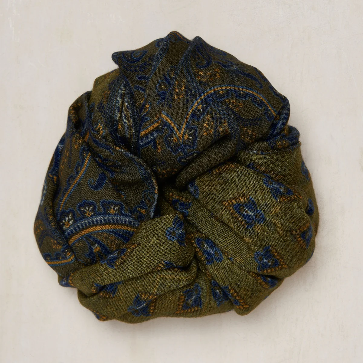 Soft Woollen Printed Scarf In Dark Olive