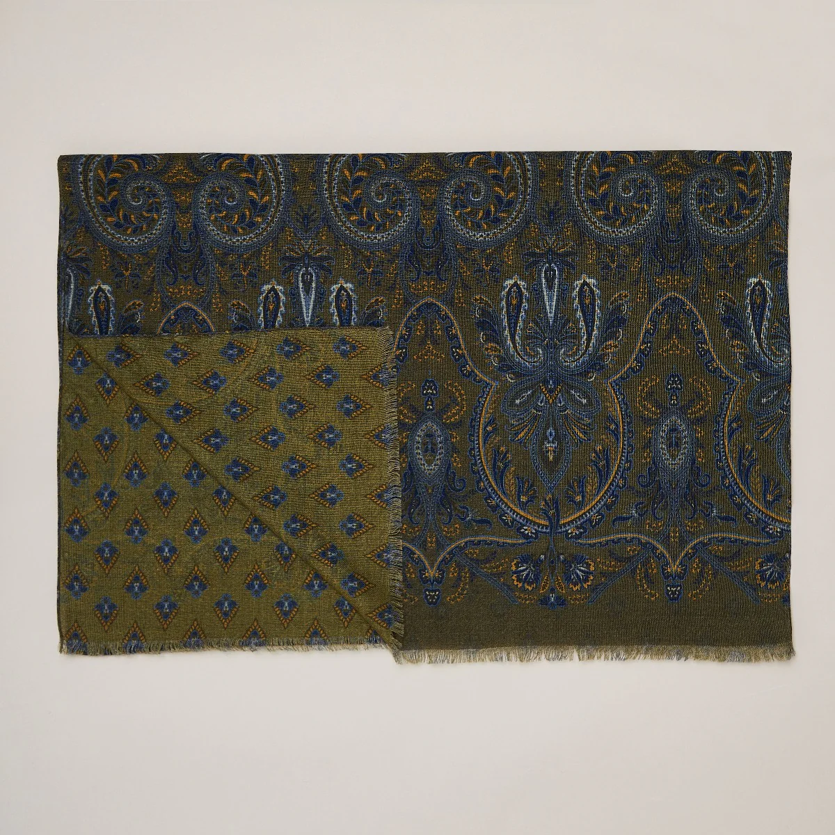 Soft Woollen Printed Scarf In Dark Olive - Image 2