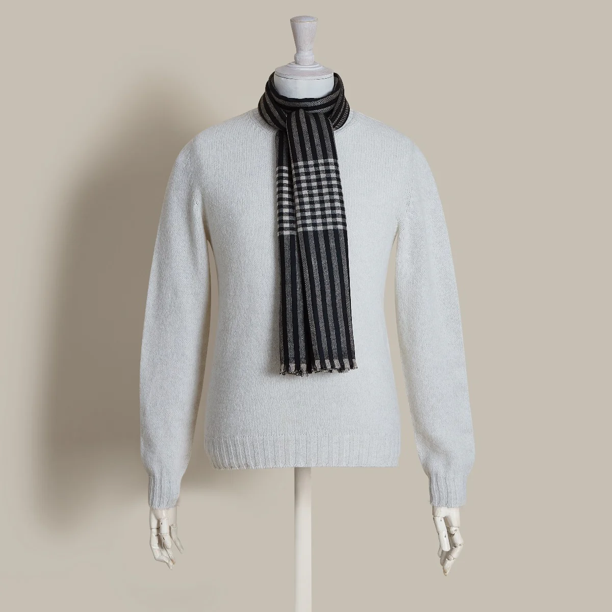 Striped Cashmere Scarf With Black And Ecru - Image 2