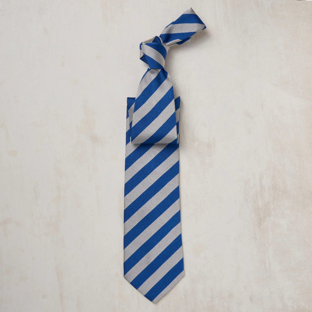 Striped Silk Woven Tie In Blue And Silver