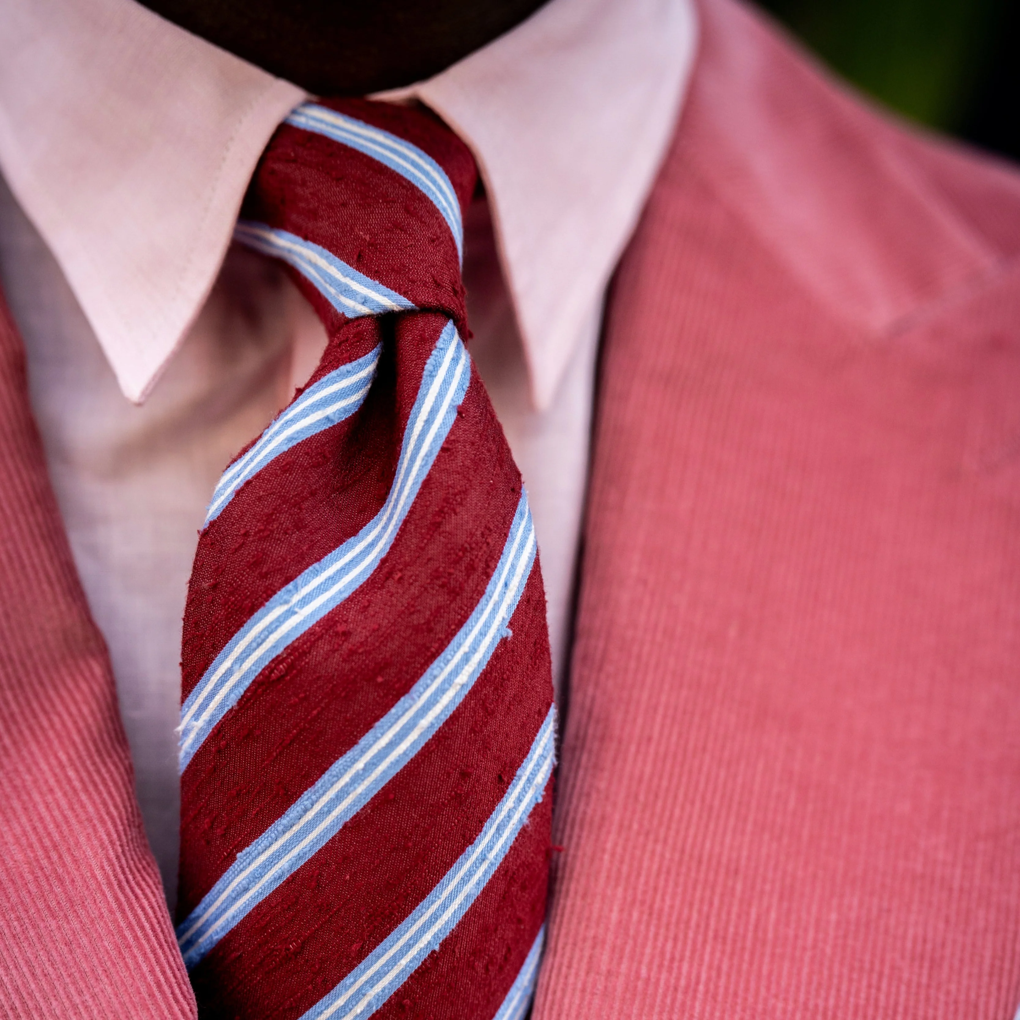 Textured Silk Tie With Diagonal Stripe in Burgundy and Sky - Image 2