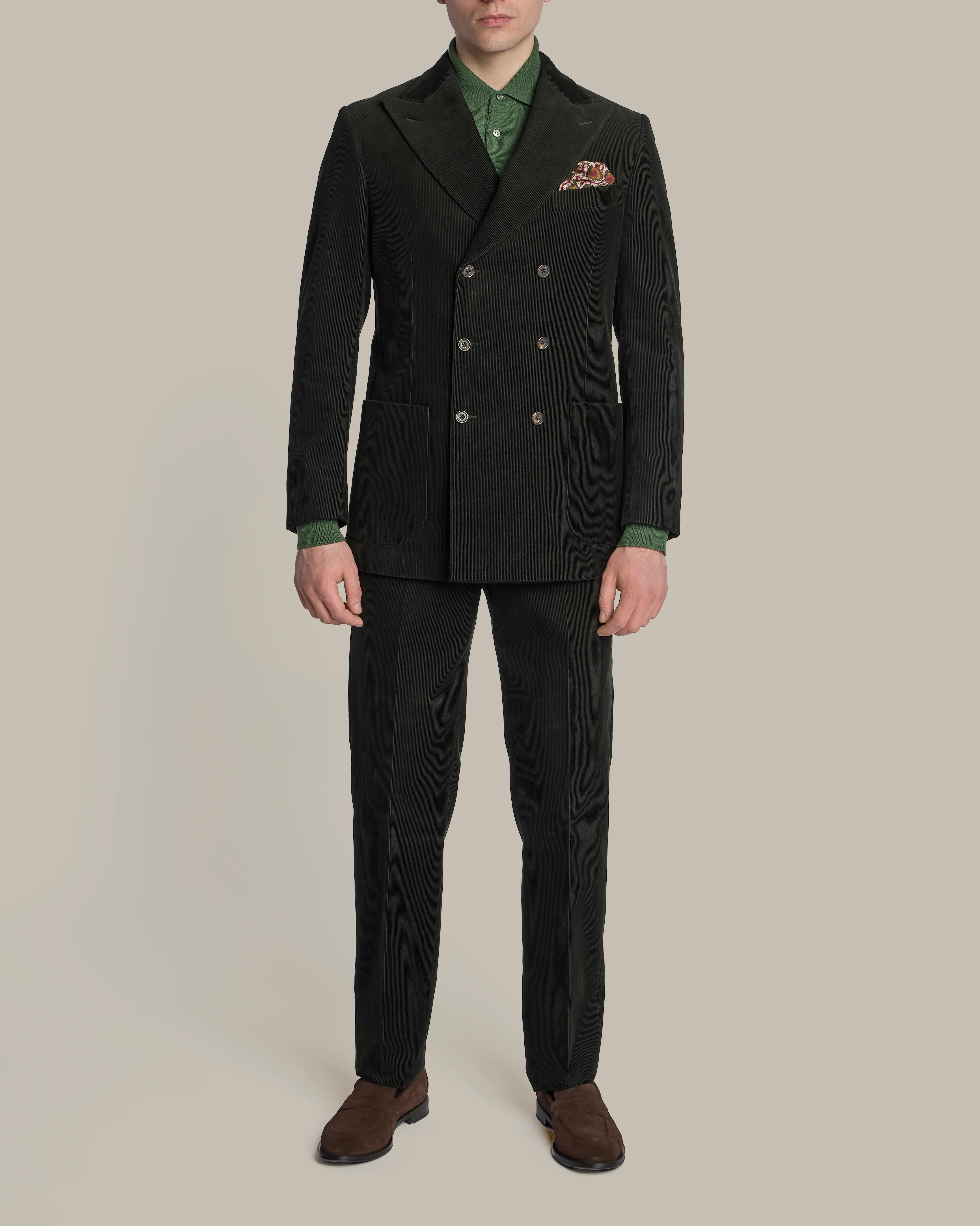 Double Breasted Corduroy Unstructured Suit in Dark Green - Image 2