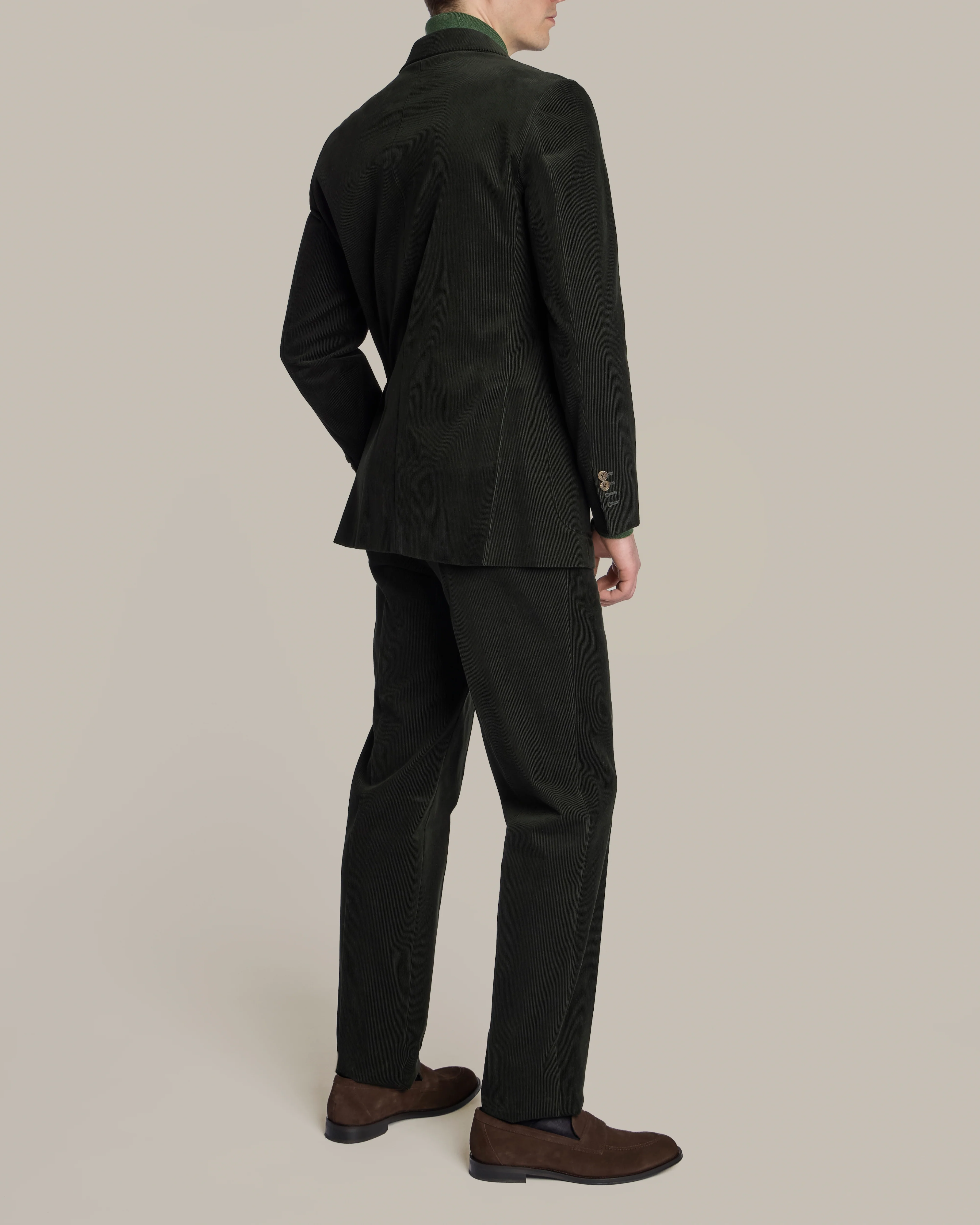 Double Breasted Corduroy Unstructured Suit in Dark Green - Image 3