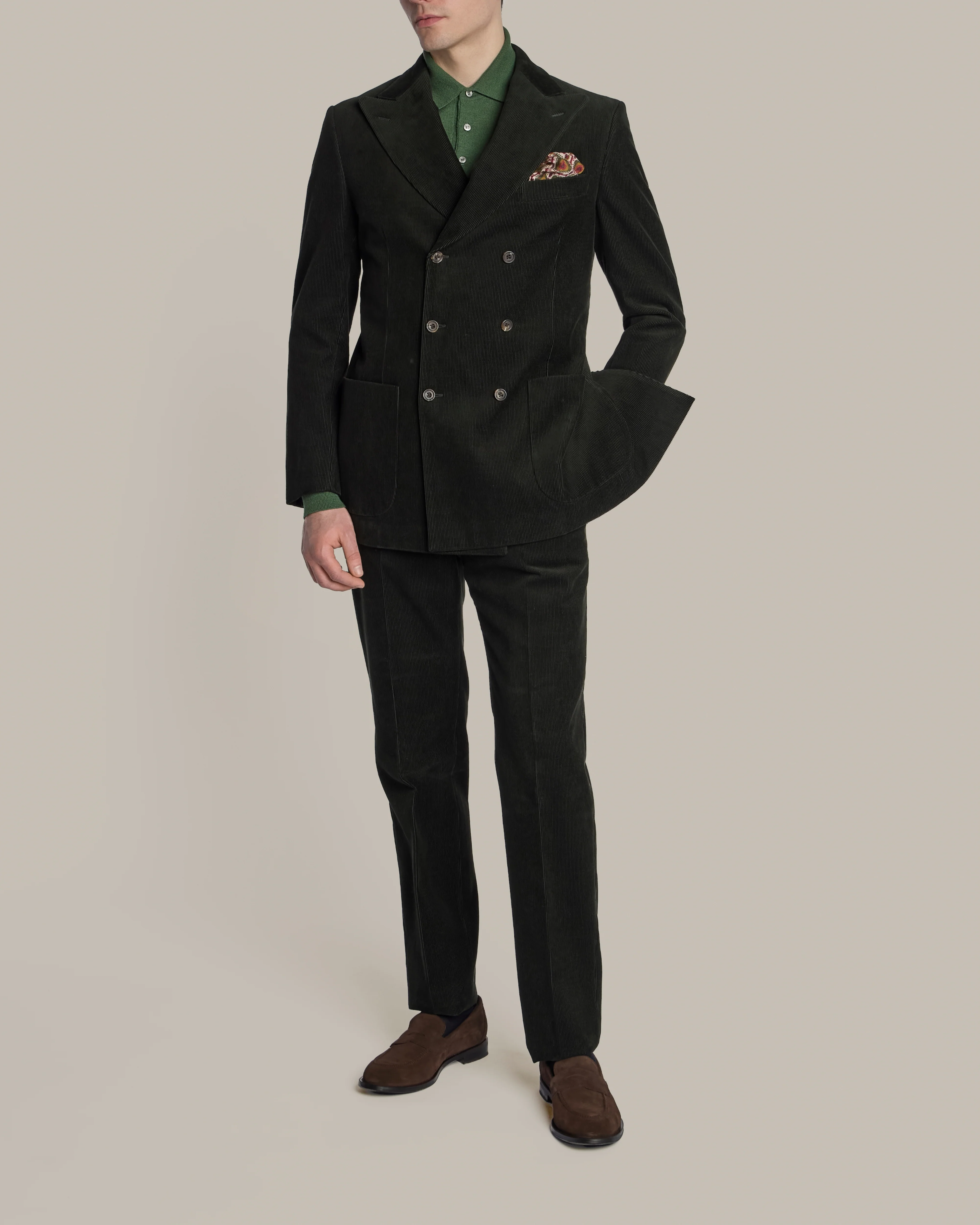 Double Breasted Corduroy Unstructured Suit in Dark Green - Image 4