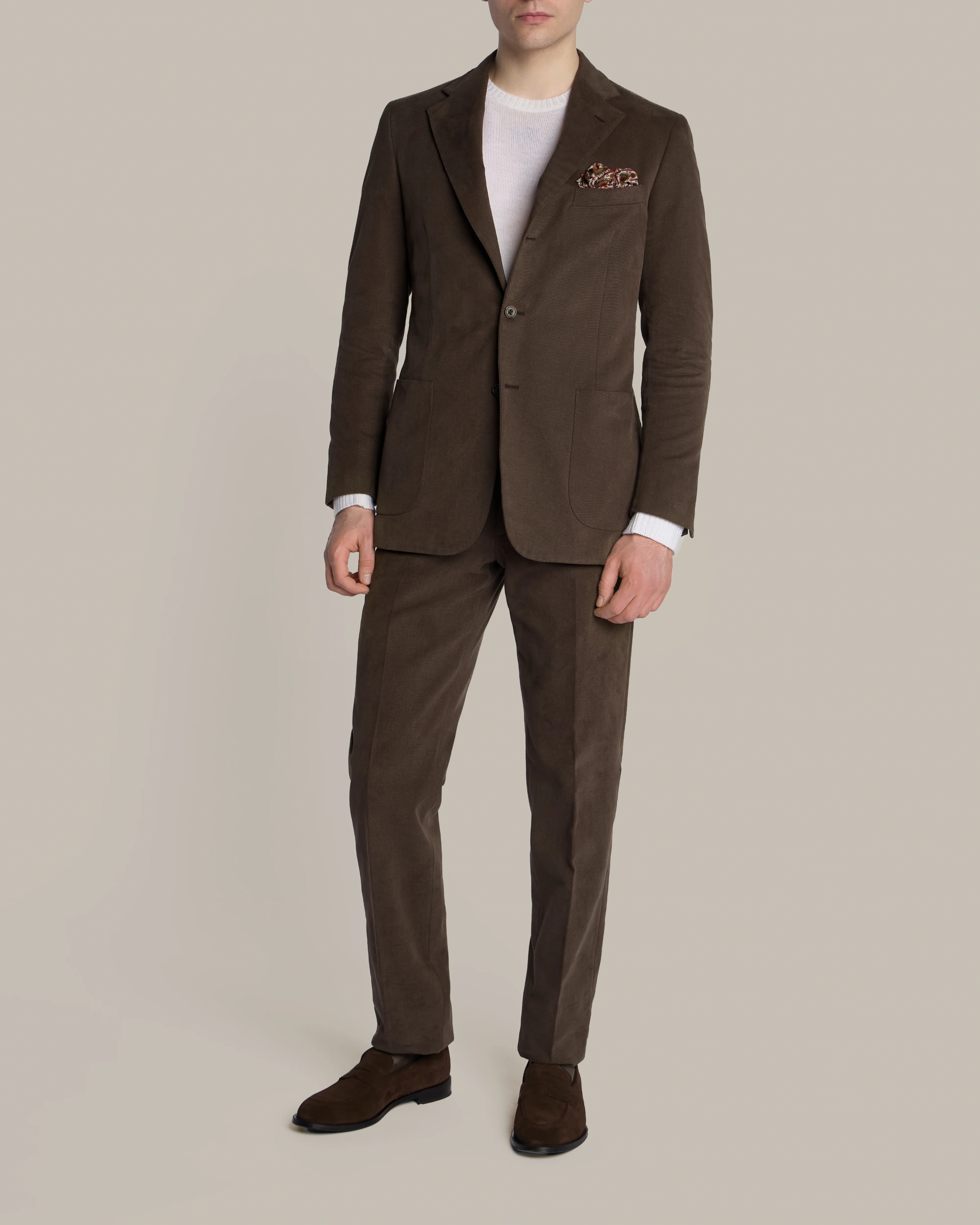 Single Breasted Cotton Drill Unstructured Suit in Chocolate - Image 2