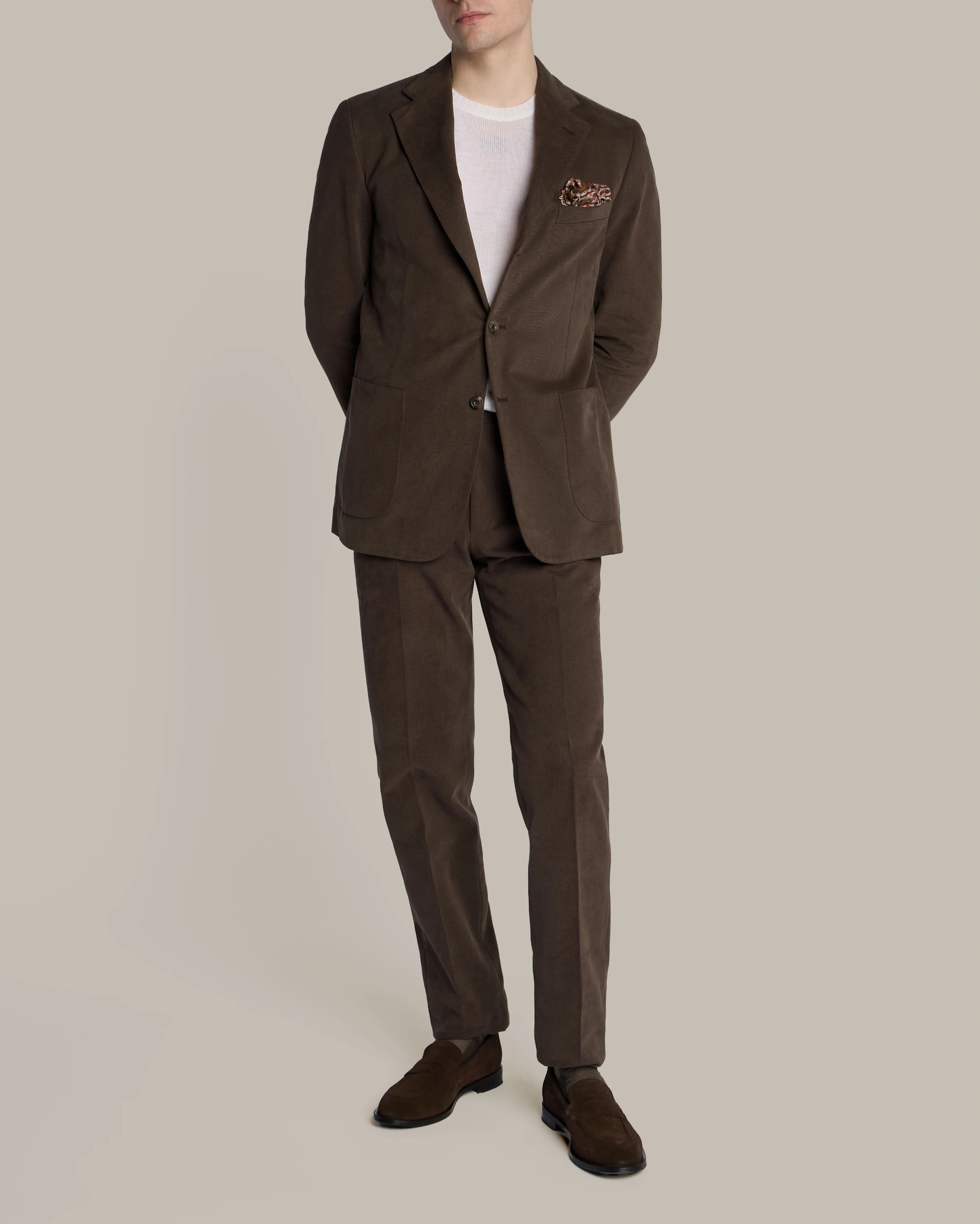 Single Breasted Cotton Drill Unstructured Suit in Chocolate - Image 3
