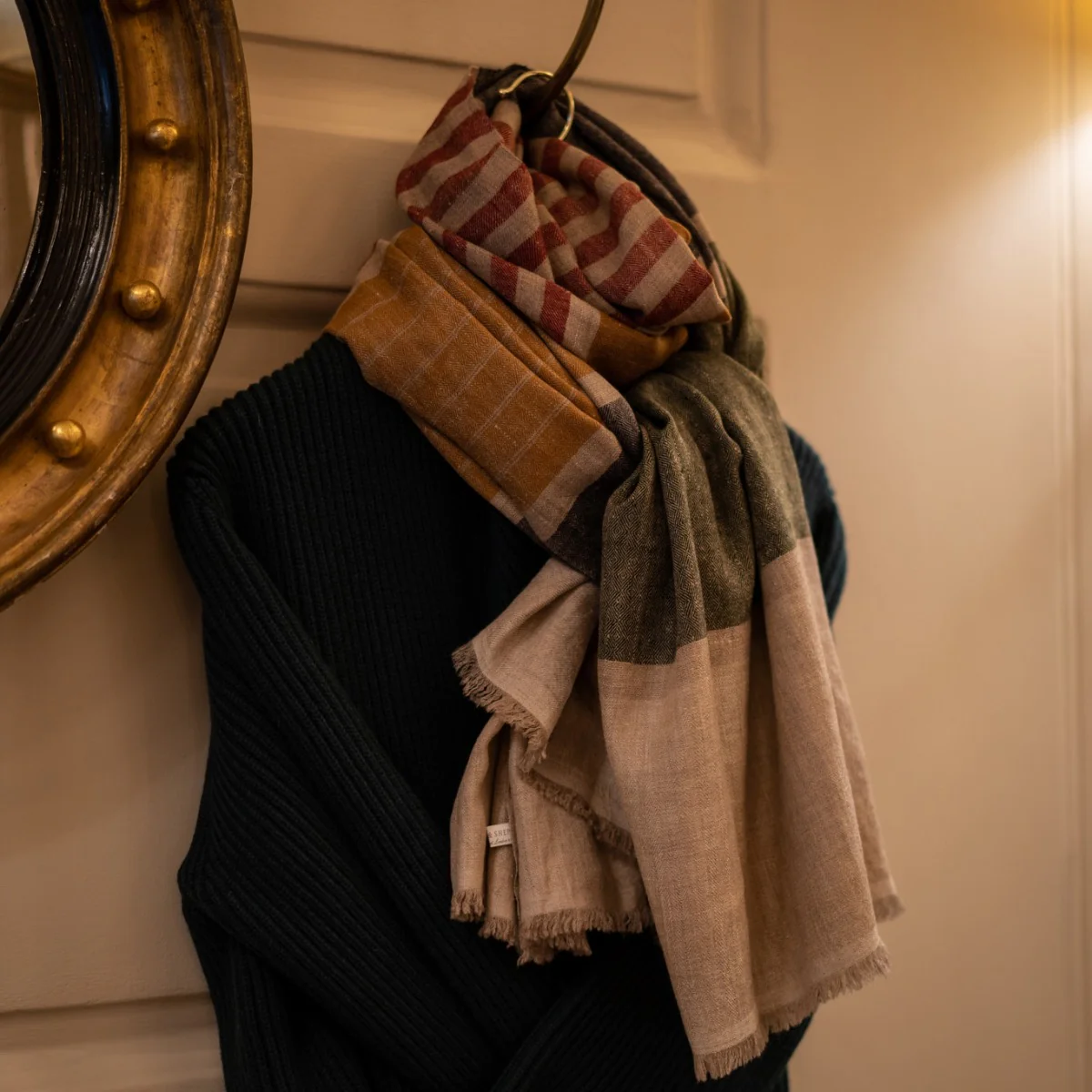 Cashmere Scarf With Wide Stripes In Natural And Green - Image 3