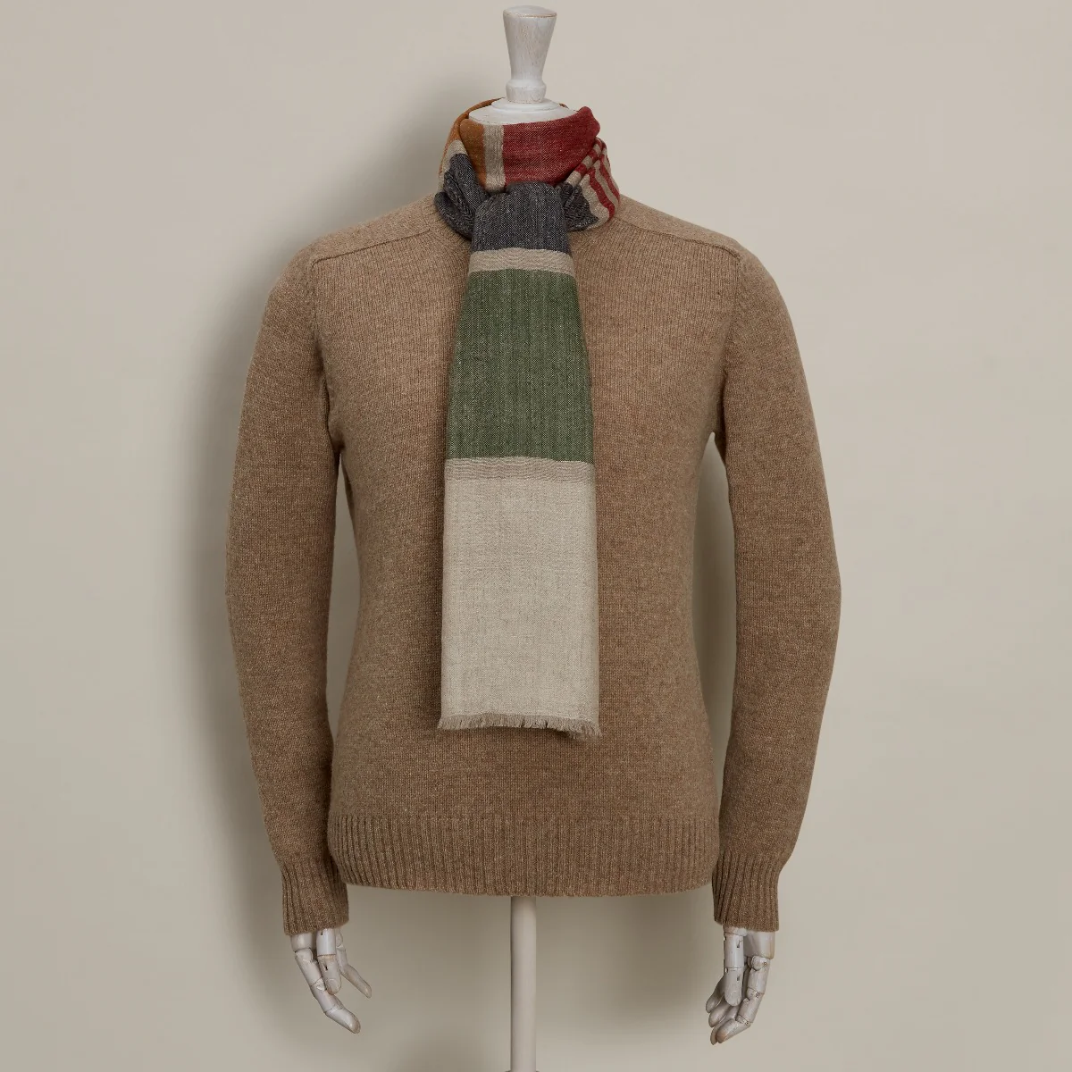 Cashmere Scarf With Wide Stripes In Natural And Green - Image 4