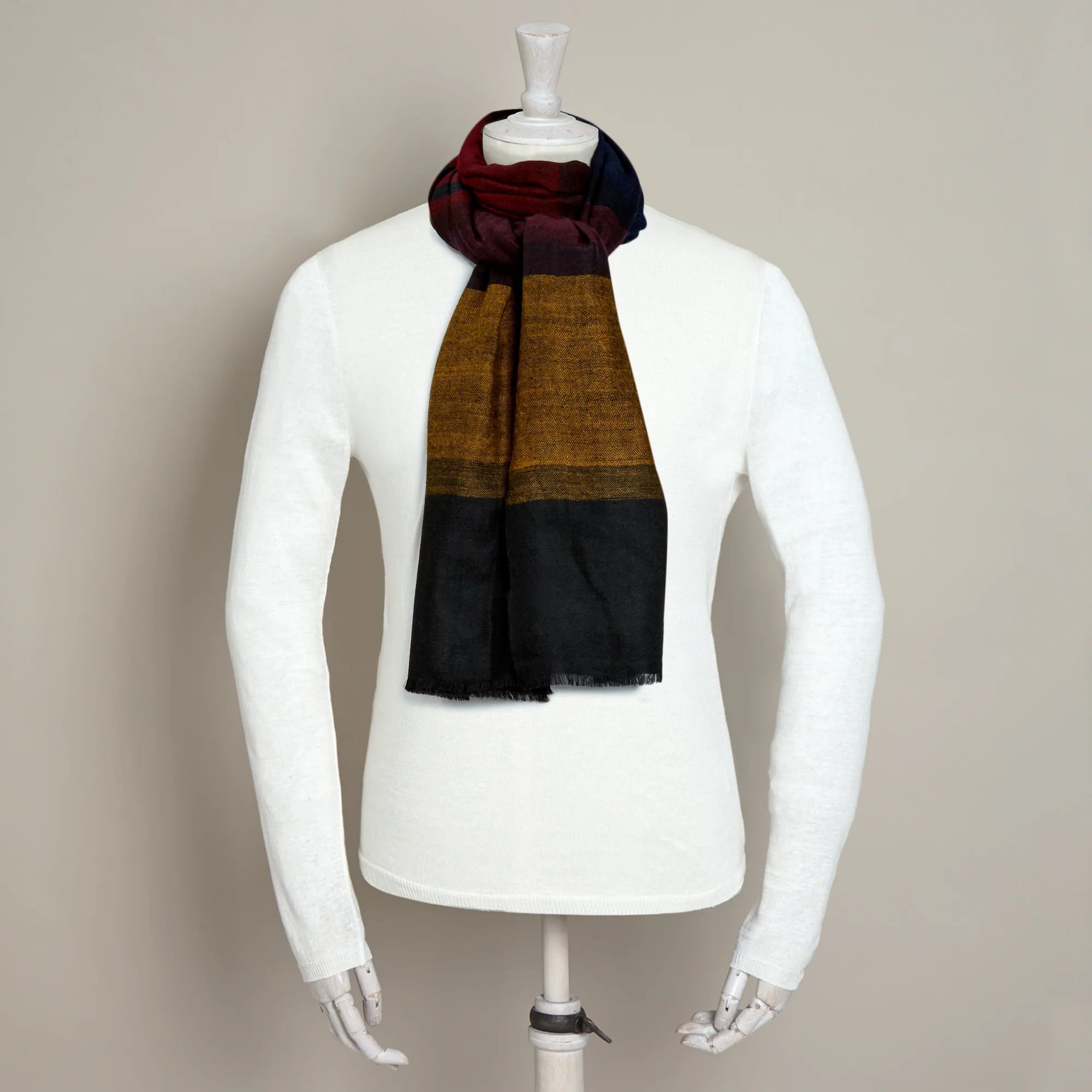 Cashmere Scarf With Wide Stripes In Wine And Navy - Image 2